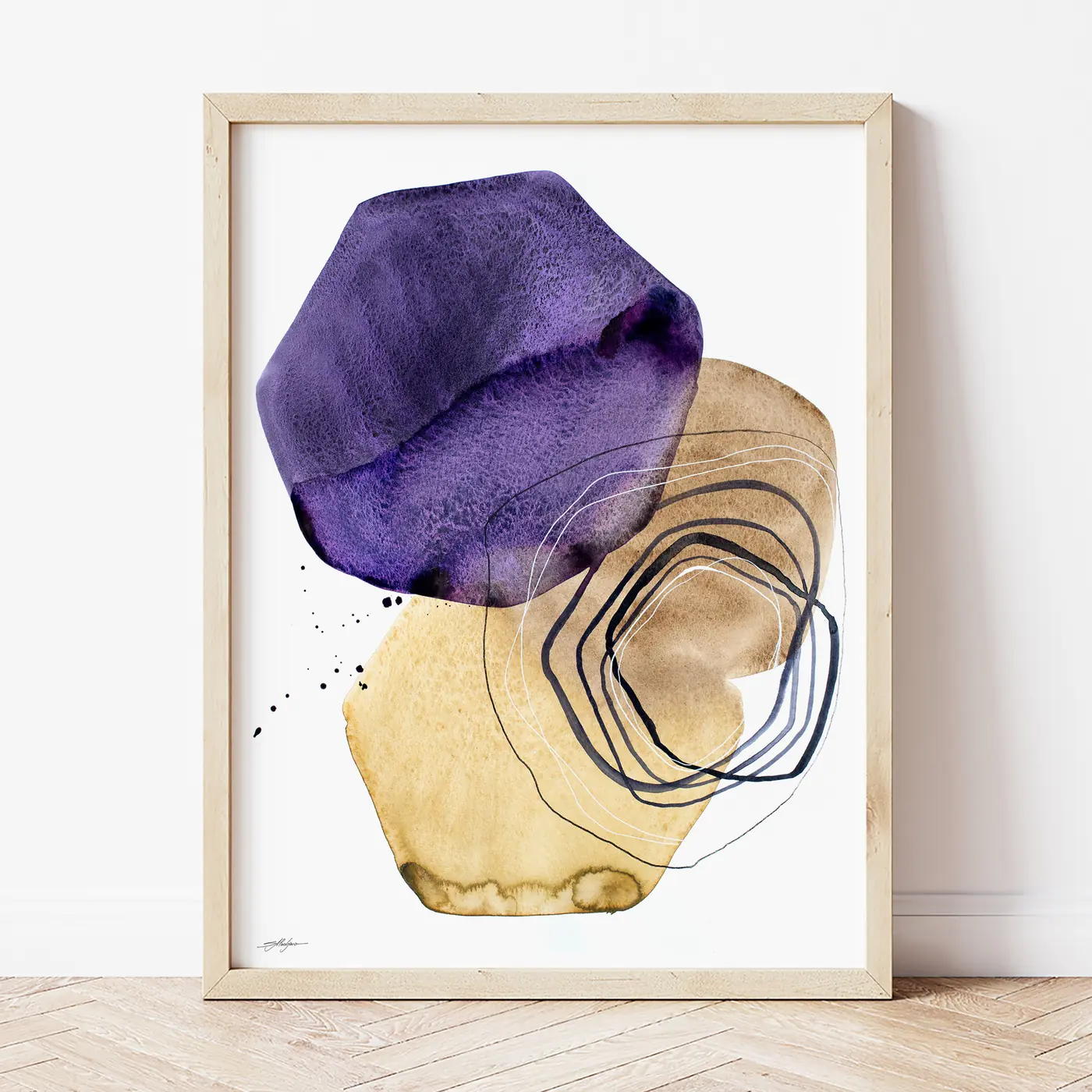 Art print with a watercolour abstract in purple and cream print