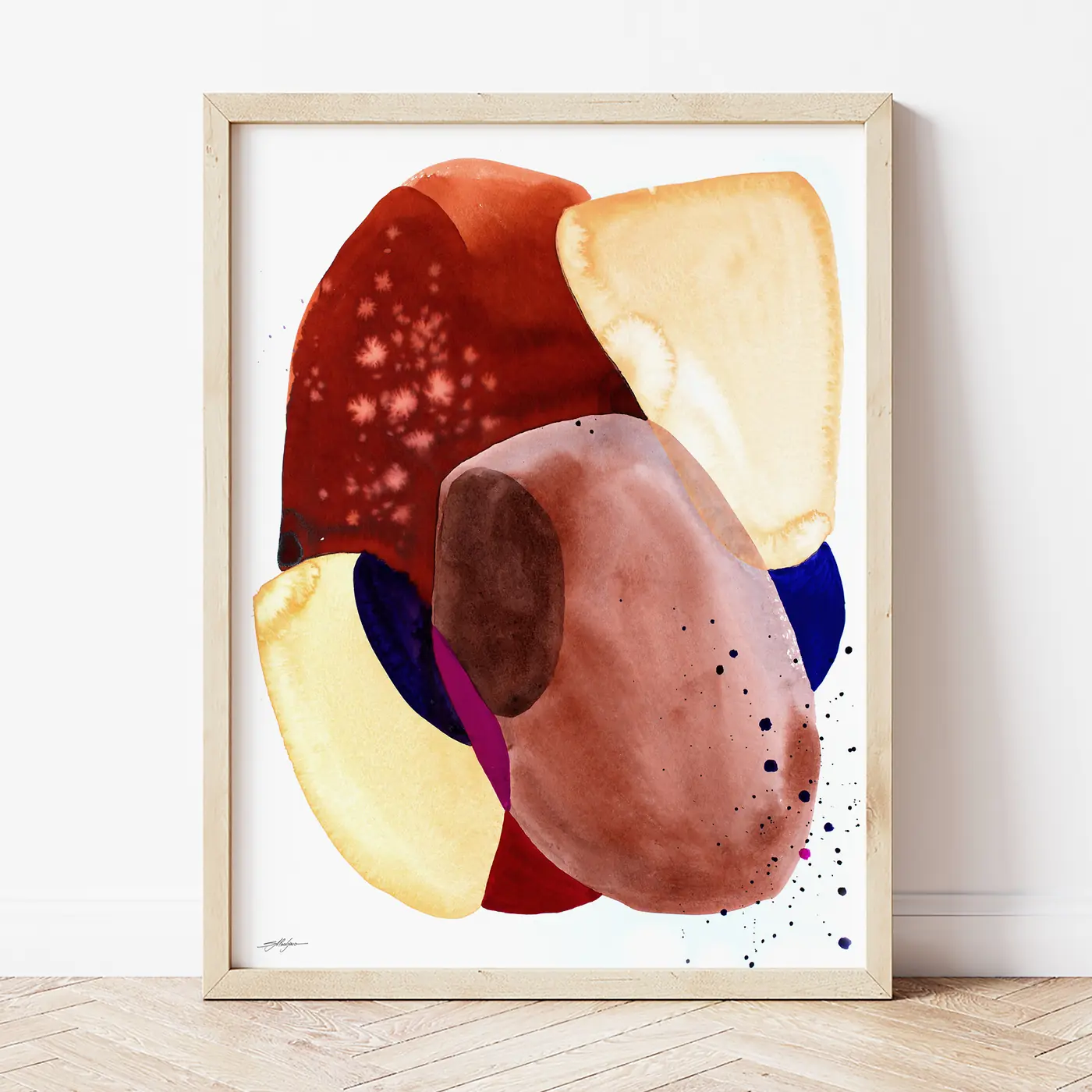 Art print with a watercolour abstract in red and brown print