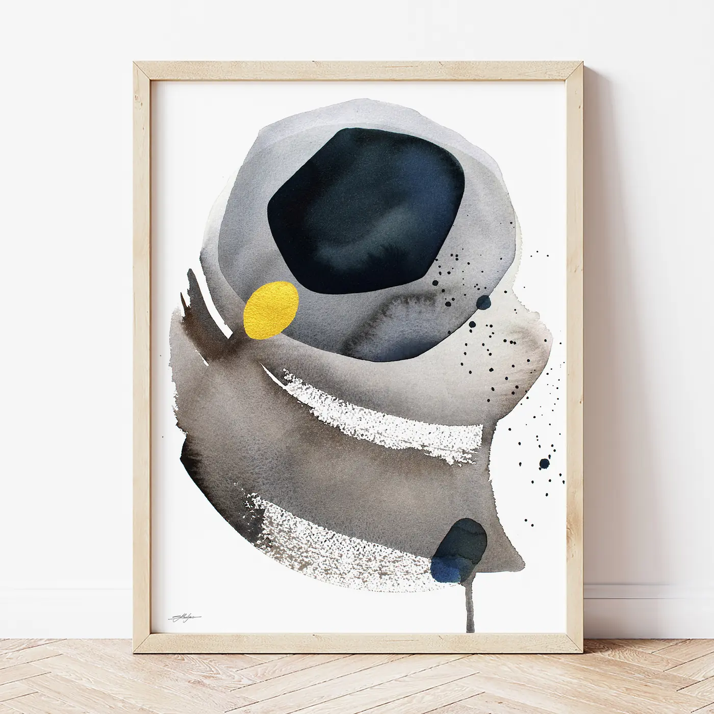 Art print with a watercolour abstract in grey and black print