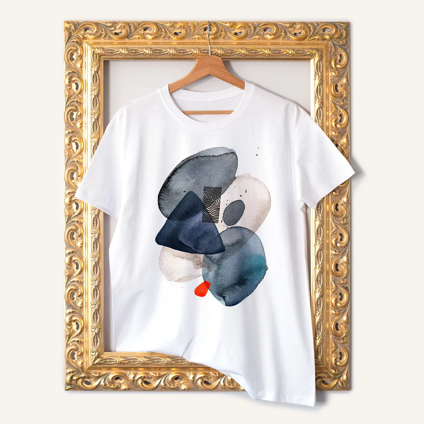 White t-shirt with a watercolour abstract in grey and graphite print