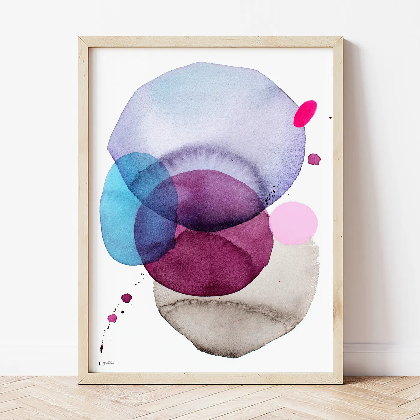 Art print with a watercolour abstract in lilac and burgundy print
