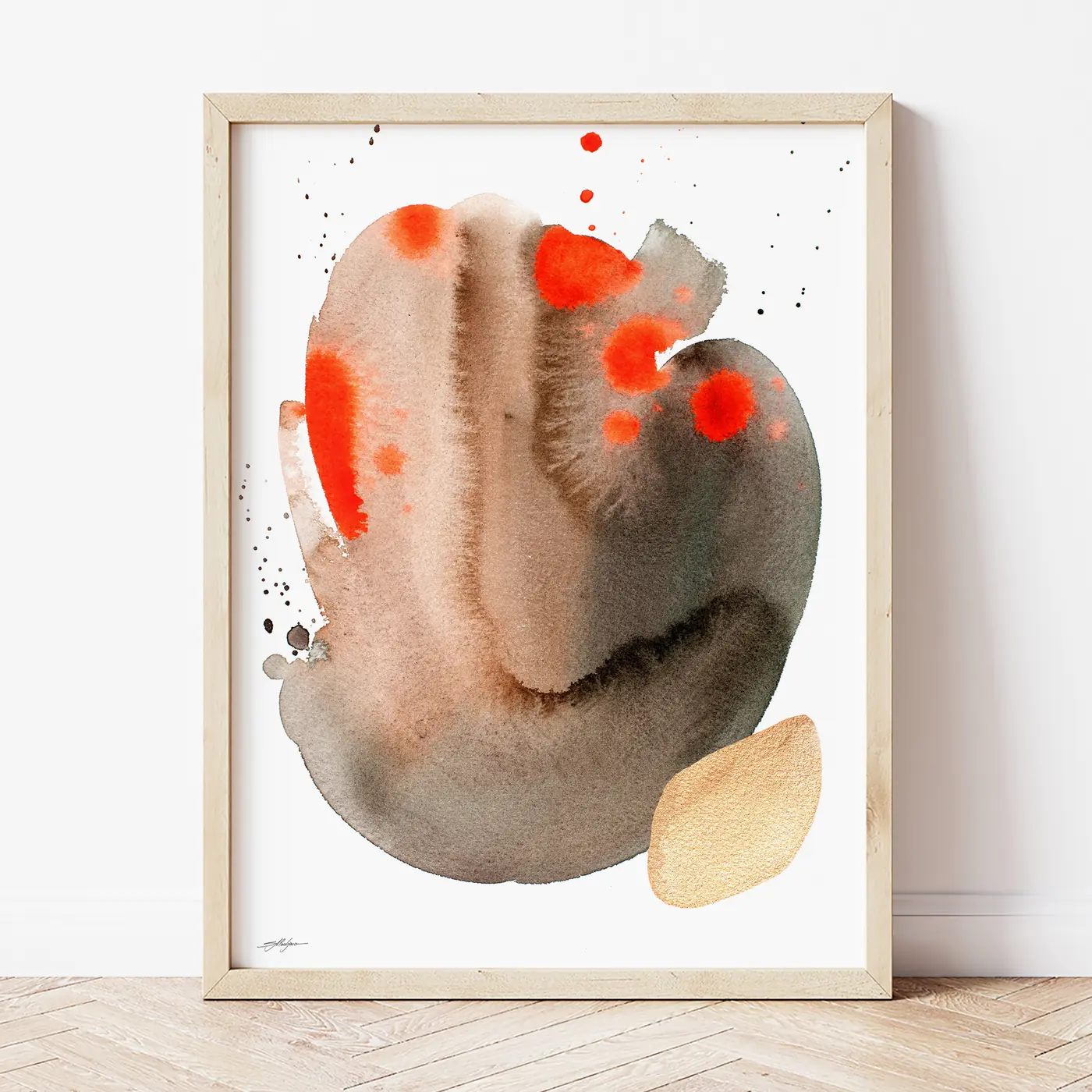 Art print with a watercolour abstract in sand and orange print