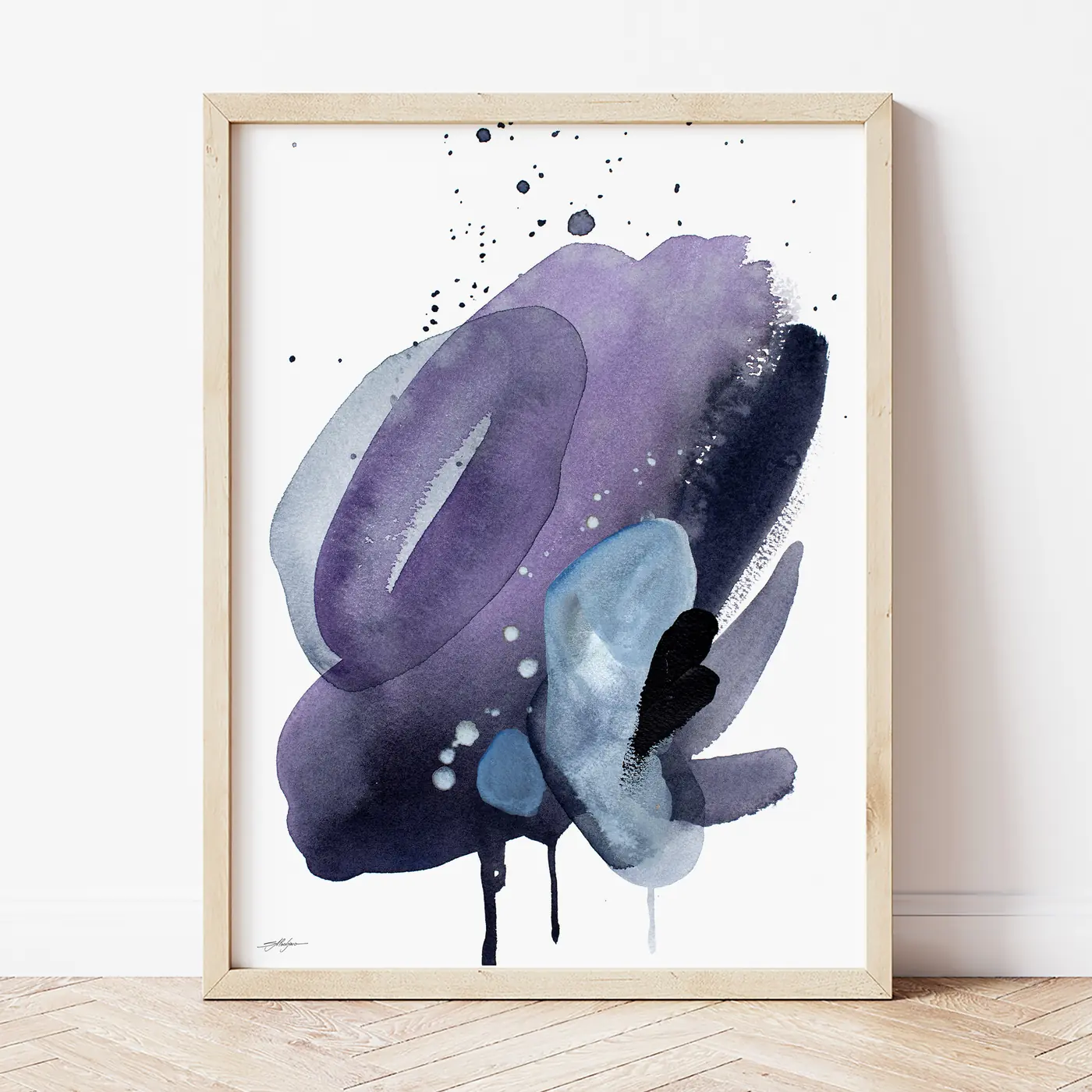 Art print with a watercolour abstract in indigo and purple print