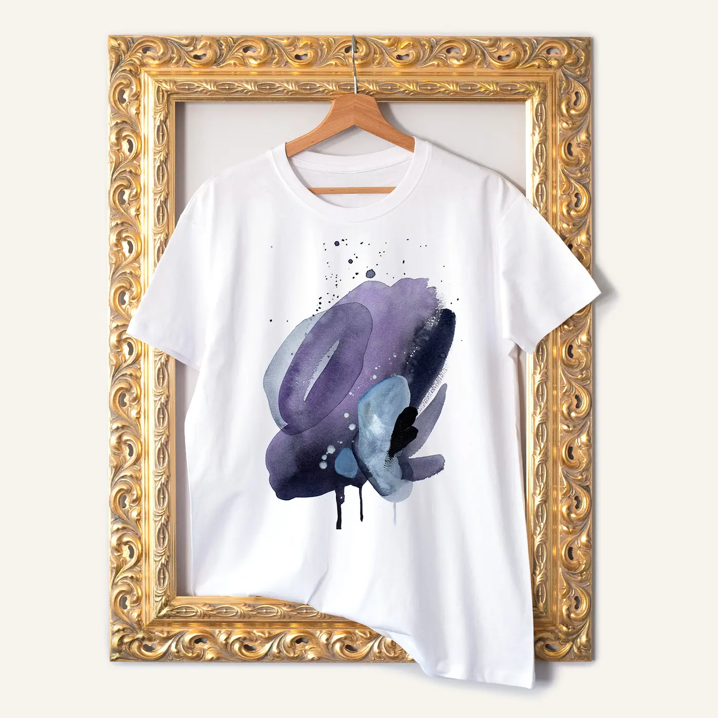 White t-shirt with a watercolour abstract in indigo and purple print