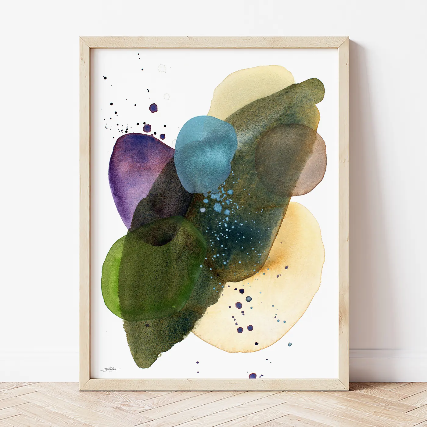Art print with a watercolour abstract in green and teal print