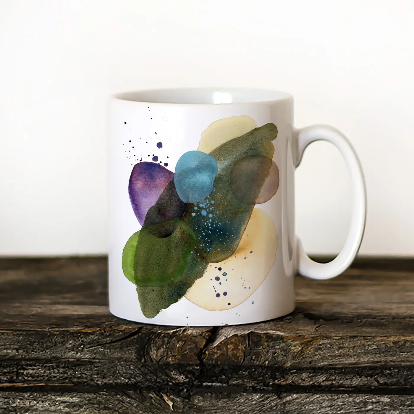 Ceramic mug with a watercolour abstract in green and teal print