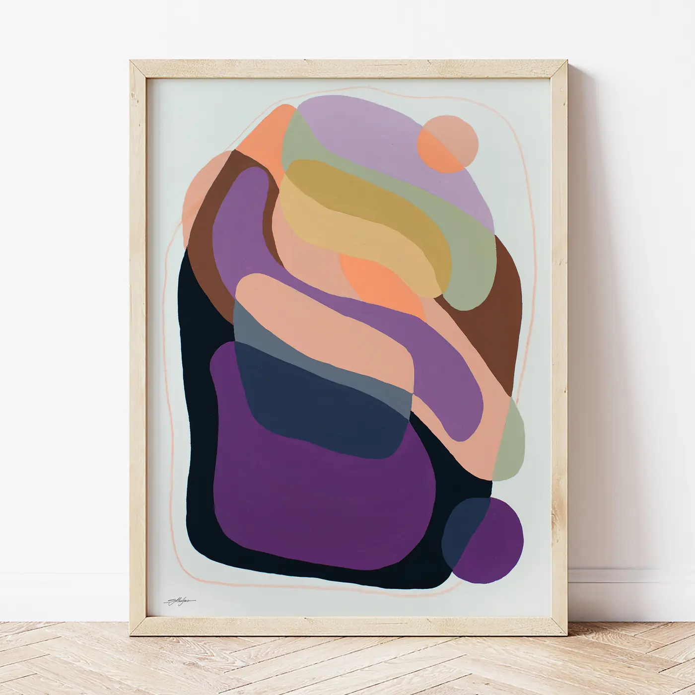Art print with a watercolour abstract geometry in purple print
