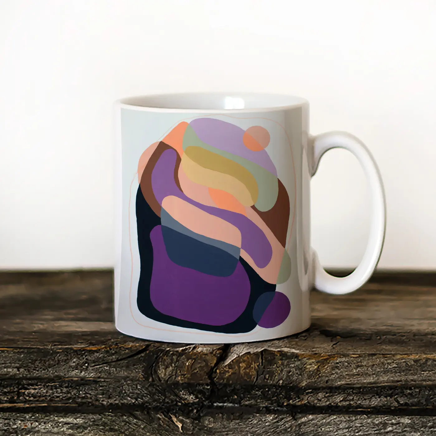 Ceramic mug with a watercolour abstract geometry in purple print