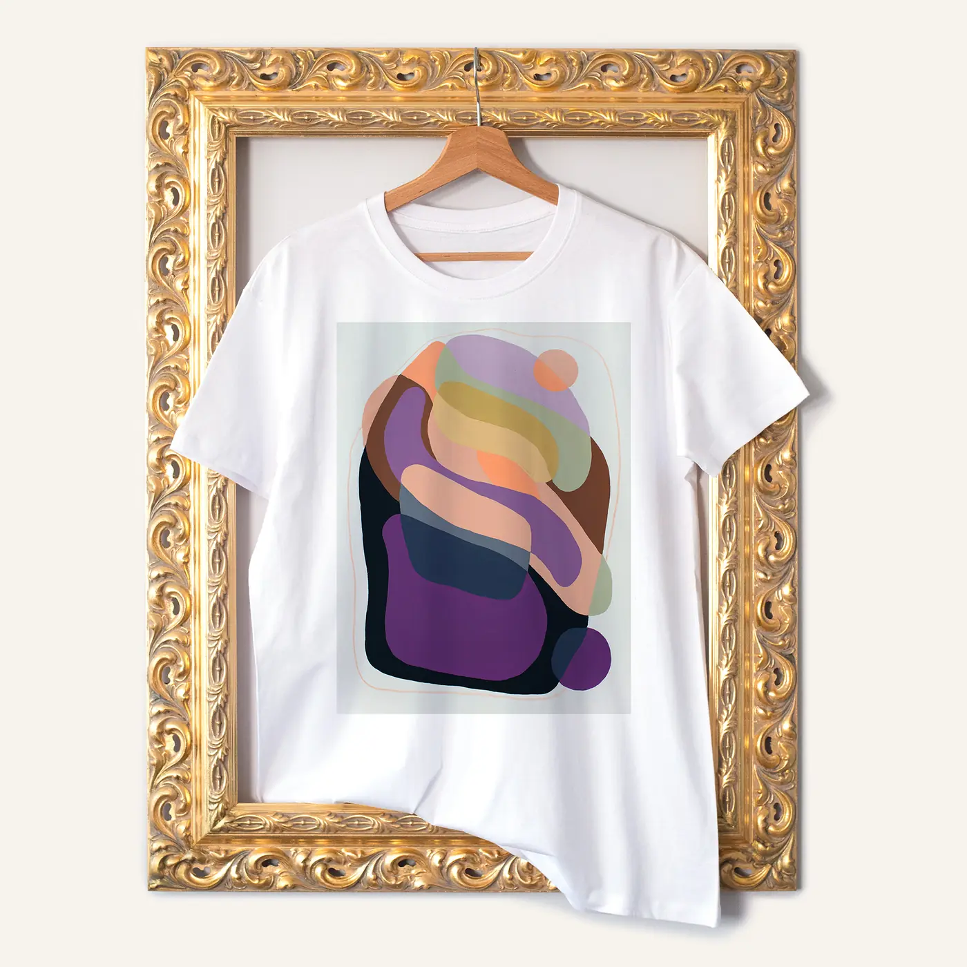 White t-shirt with a watercolour abstract geometry in purple print