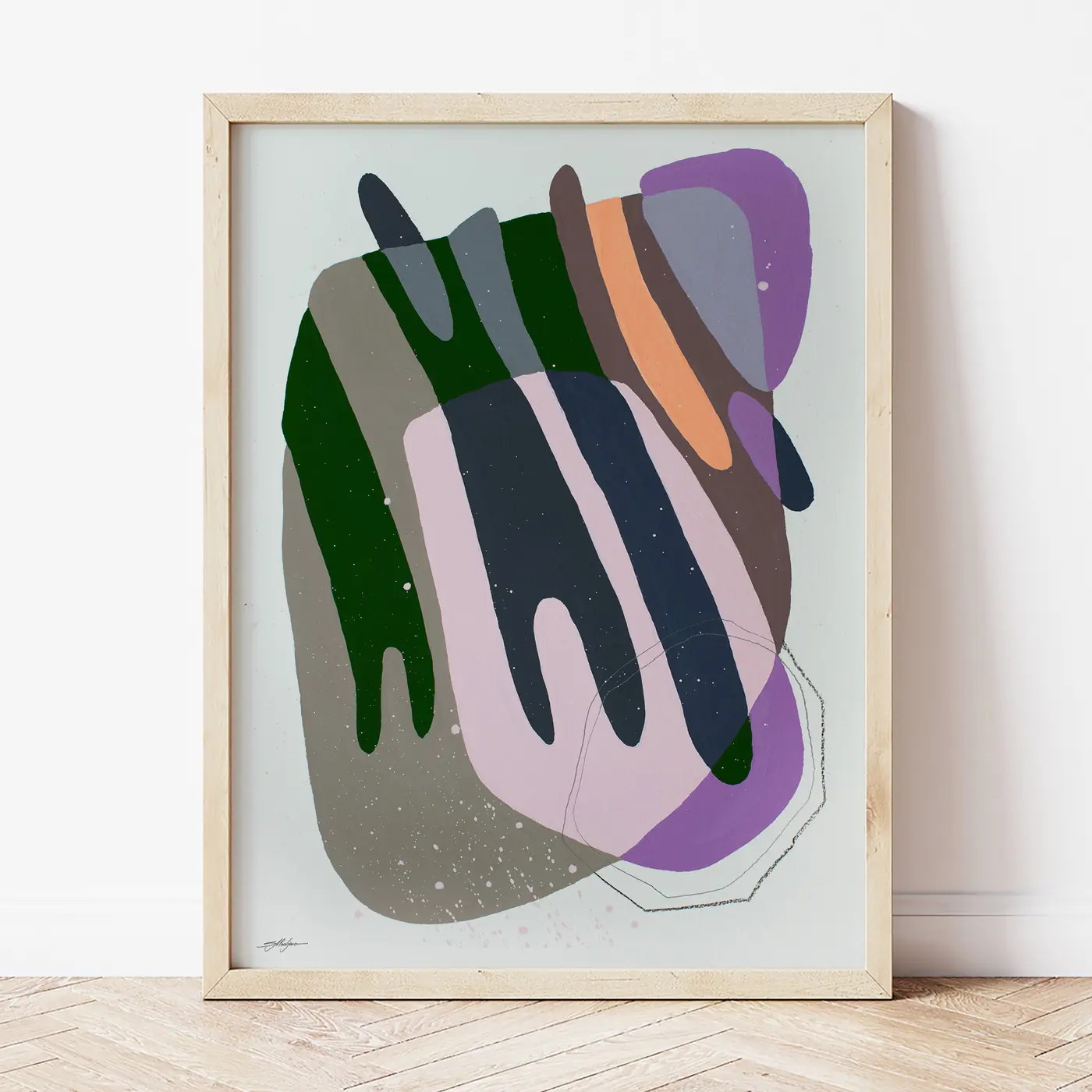 Art print with a watercolour abstract geometry in green print