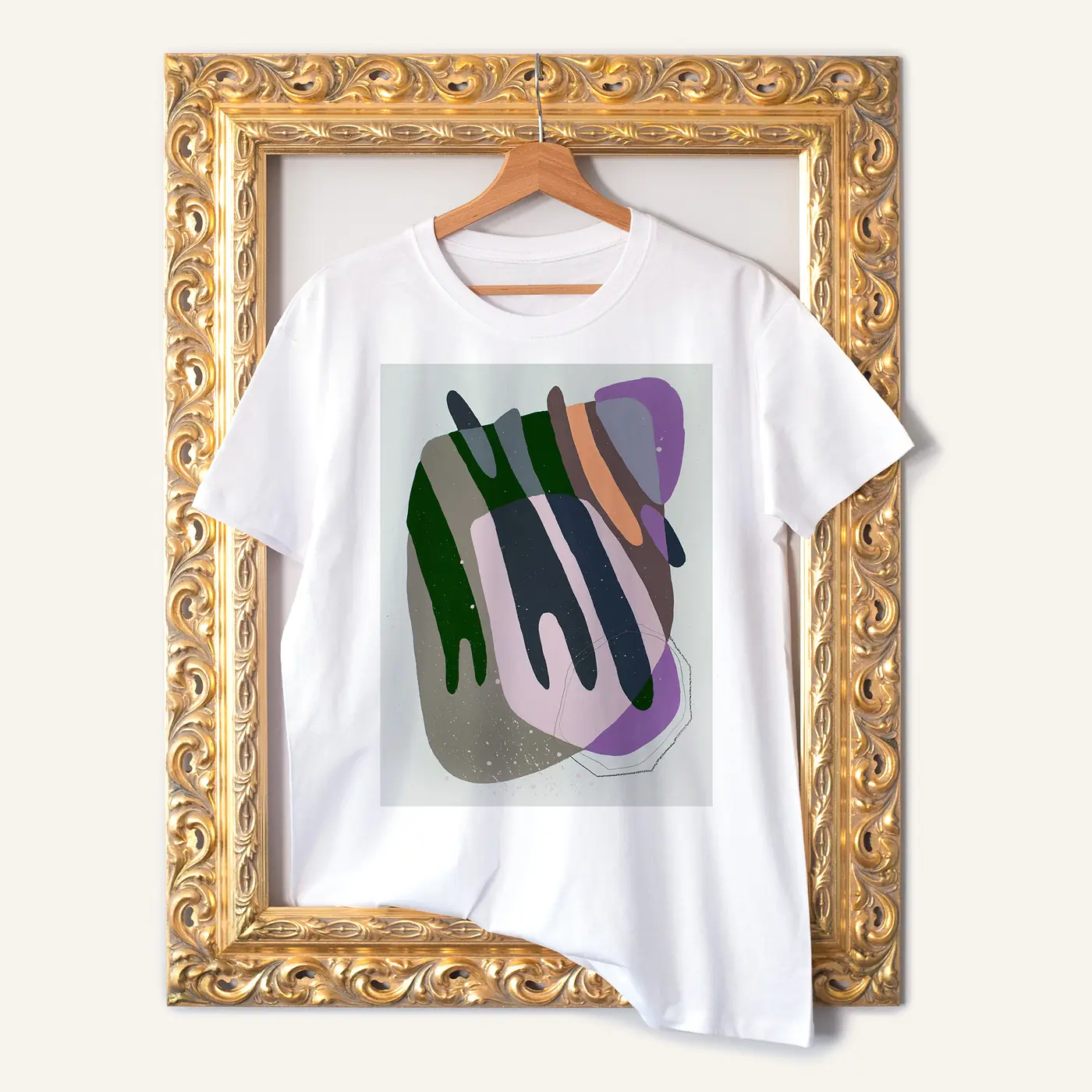 White t-shirt with a watercolour abstract geometry in green print