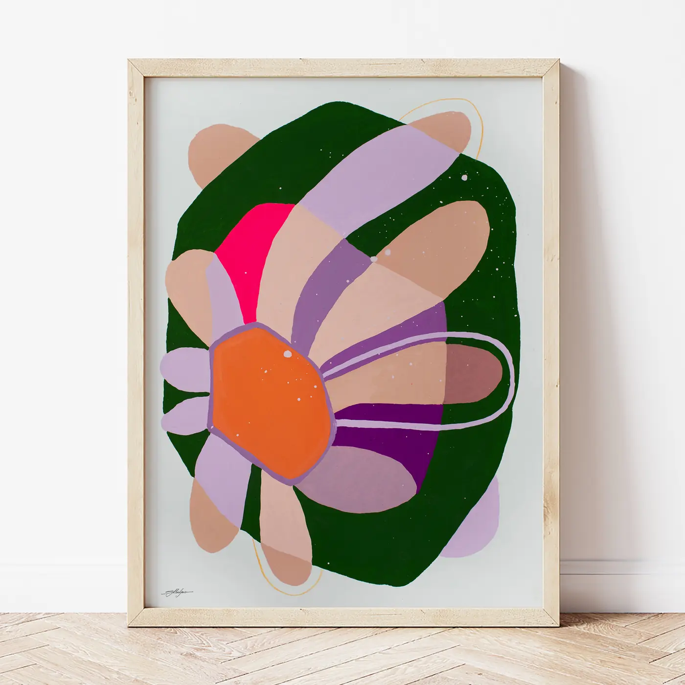 Art print with a watercolour abstract flower in green print