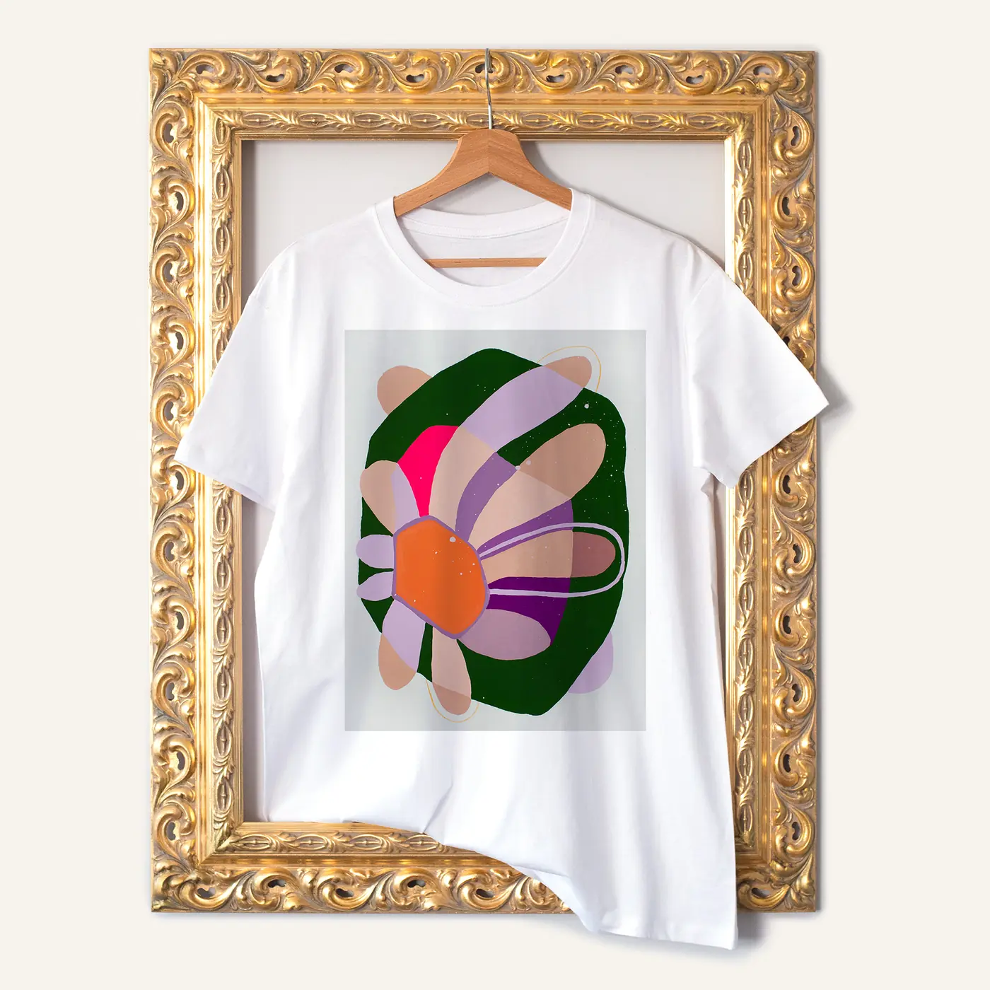 White t-shirt with a watercolour abstract flower in green print
