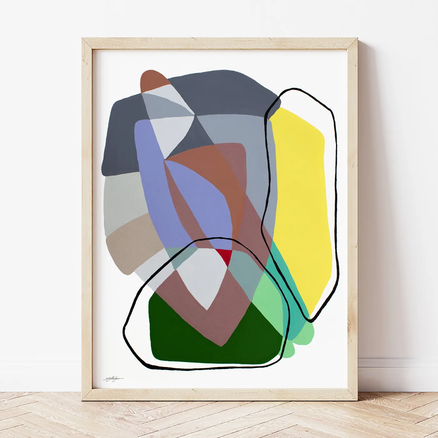 Art print with a watercolour abstract geometry in yellow print