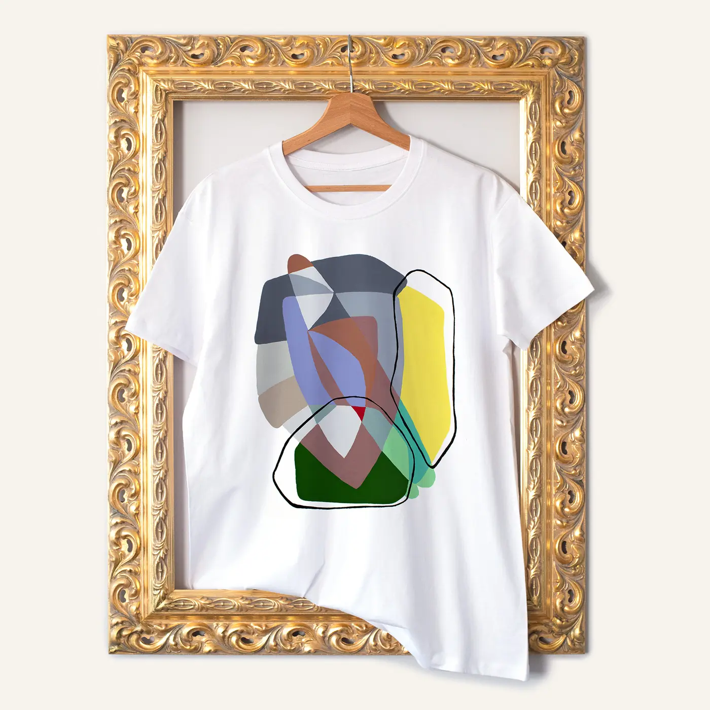 White t-shirt with a watercolour abstract geometry in yellow print