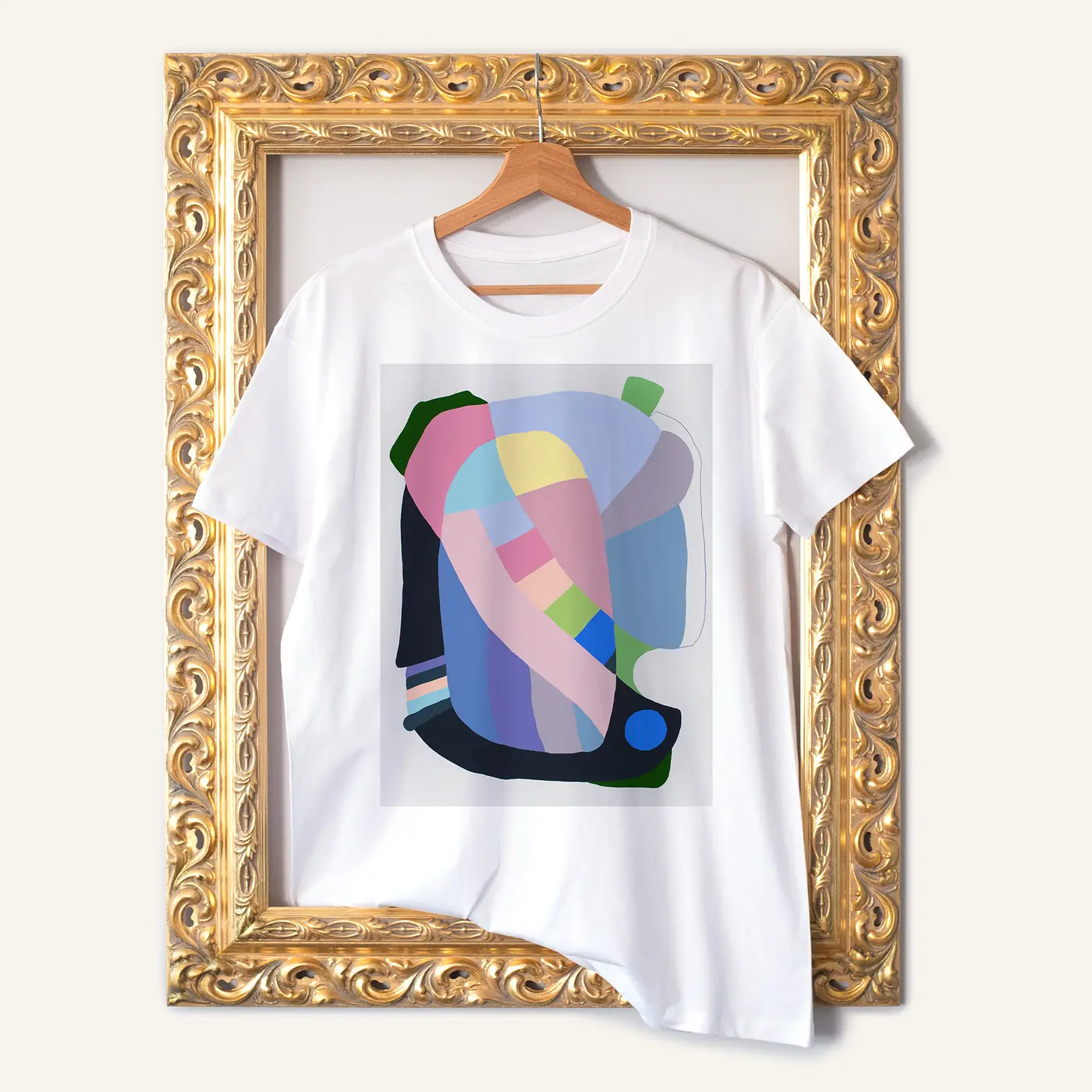 White t-shirt with a watercolour abstract in pastel tones print