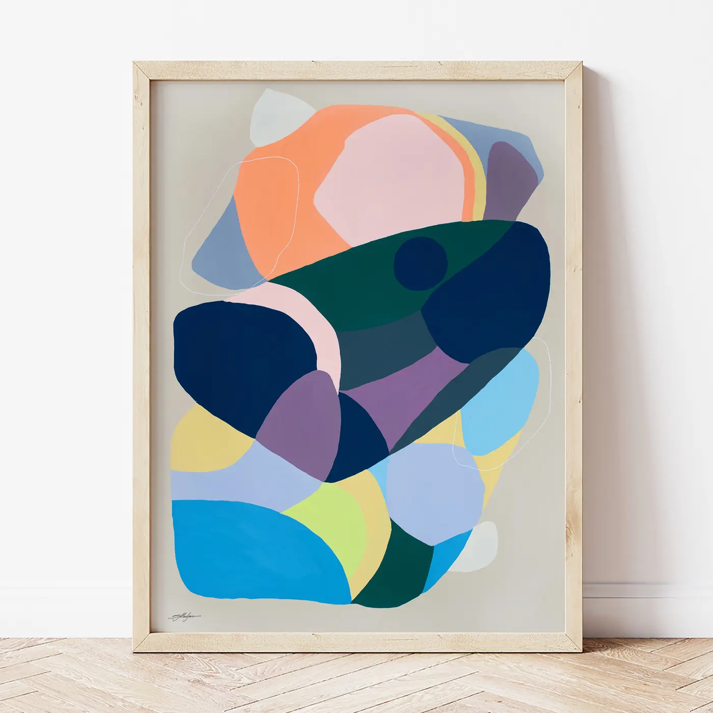 Art print with a watercolour abstract in teal and coral print
