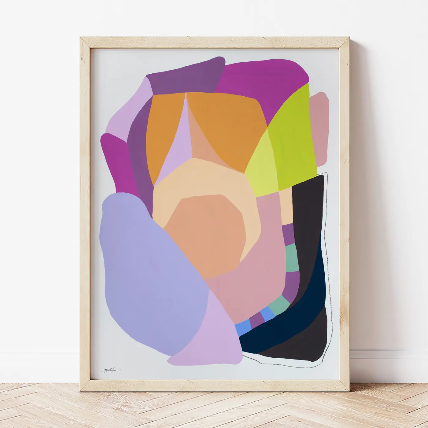 Art print with a watercolour abstract in lilac and ochre print