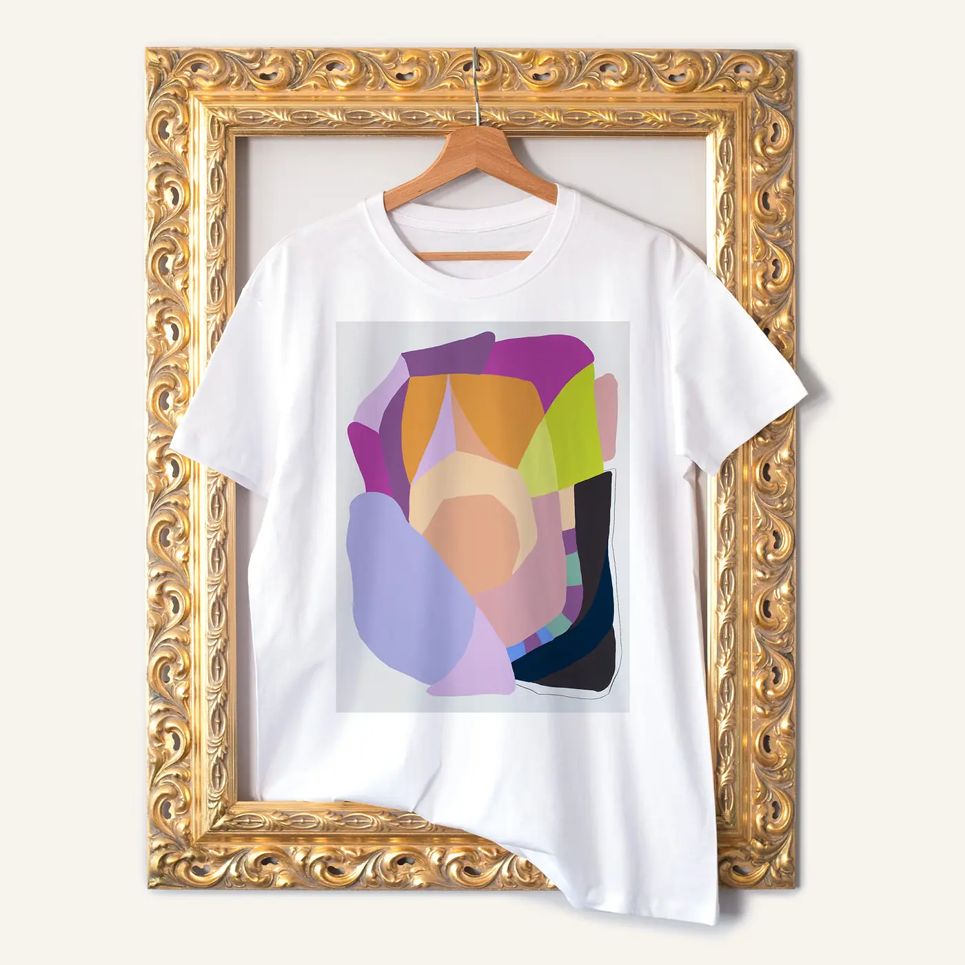 White t-shirt with a watercolour abstract in lilac and ochre print