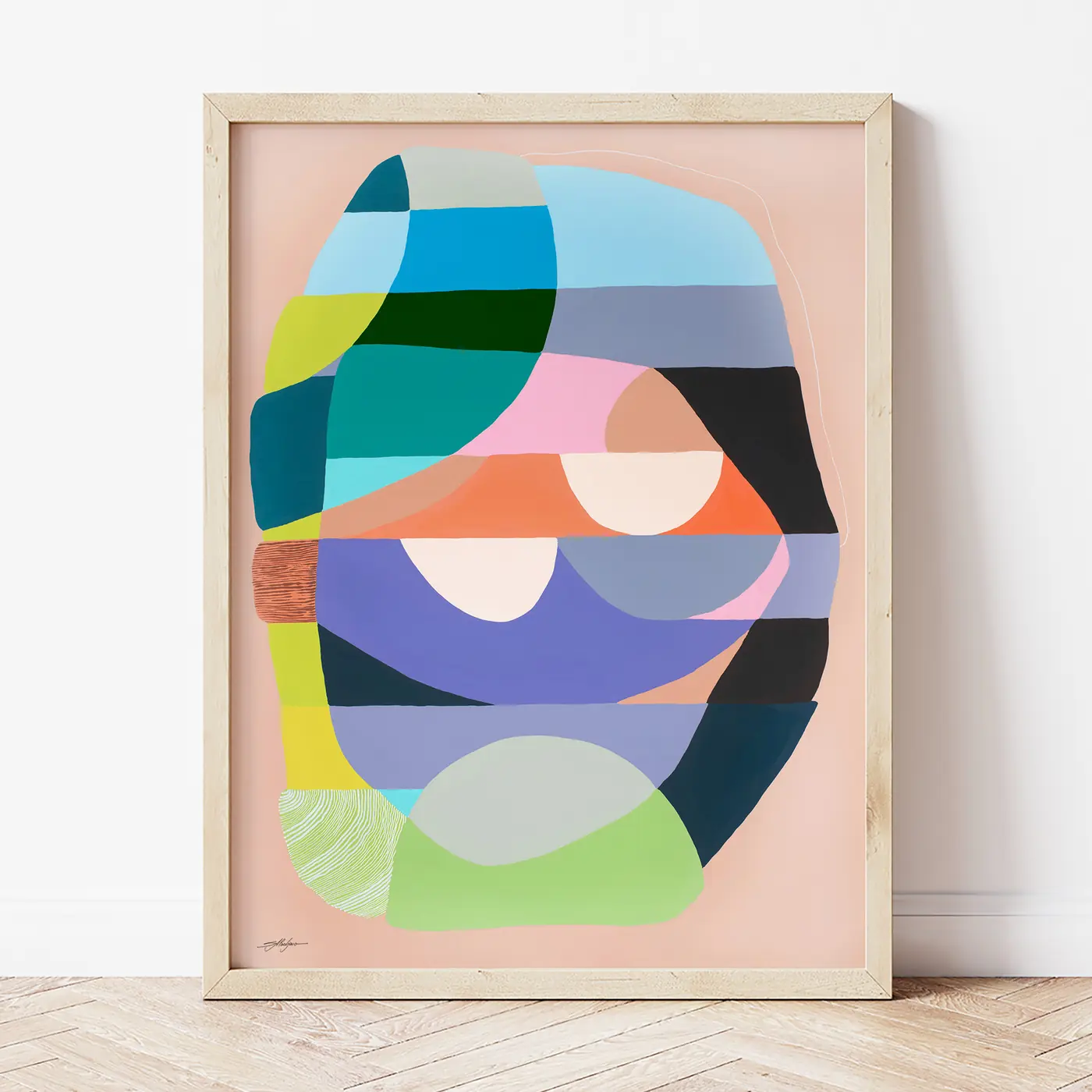 Art print with a watercolour abstract in blue and coral print