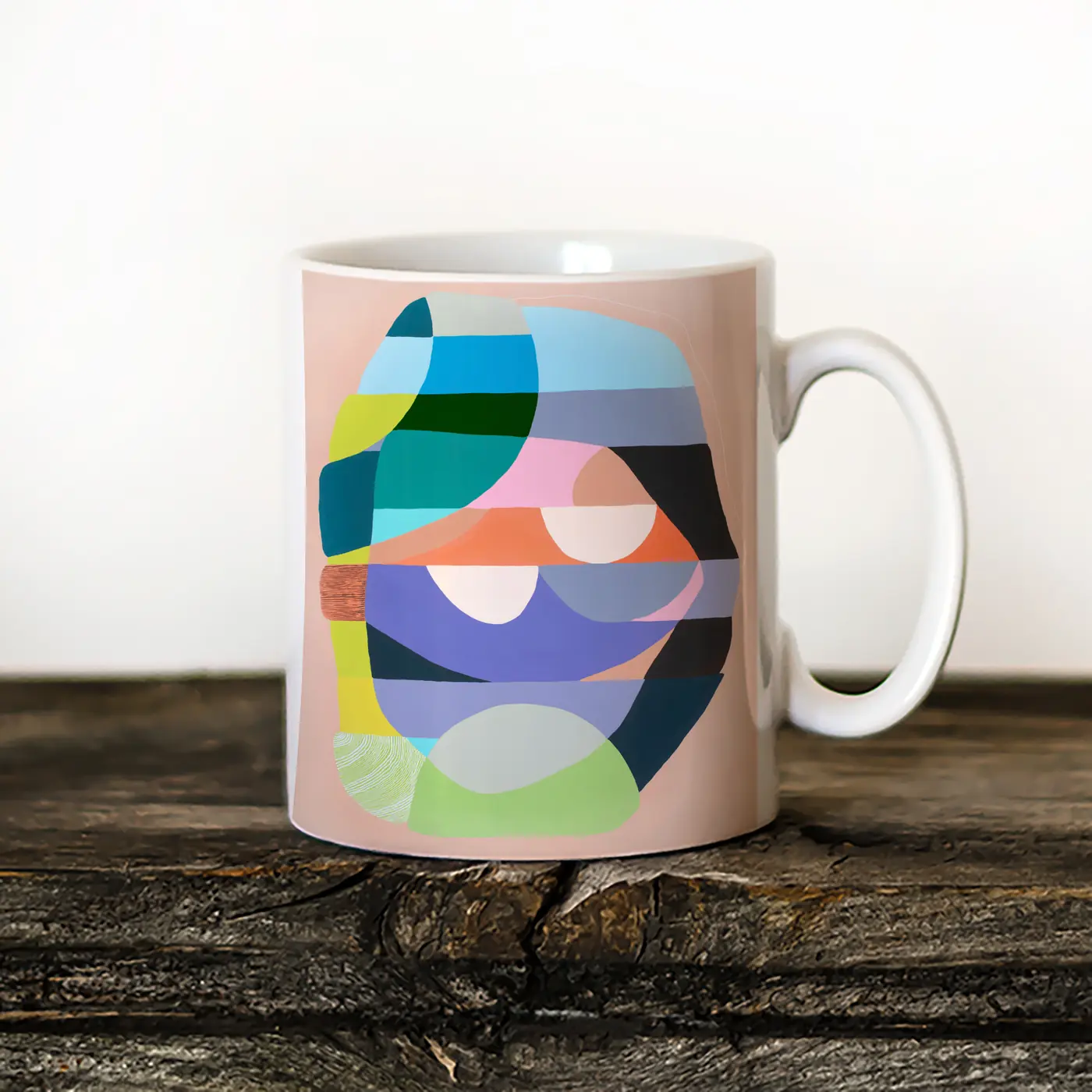 Ceramic mug with a watercolour abstract in blue and coral print
