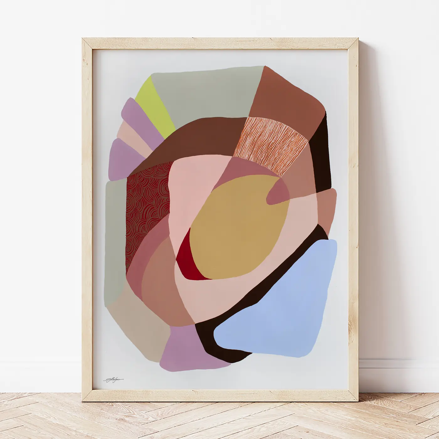 Art print with a watercolour abstract geometry in brown print