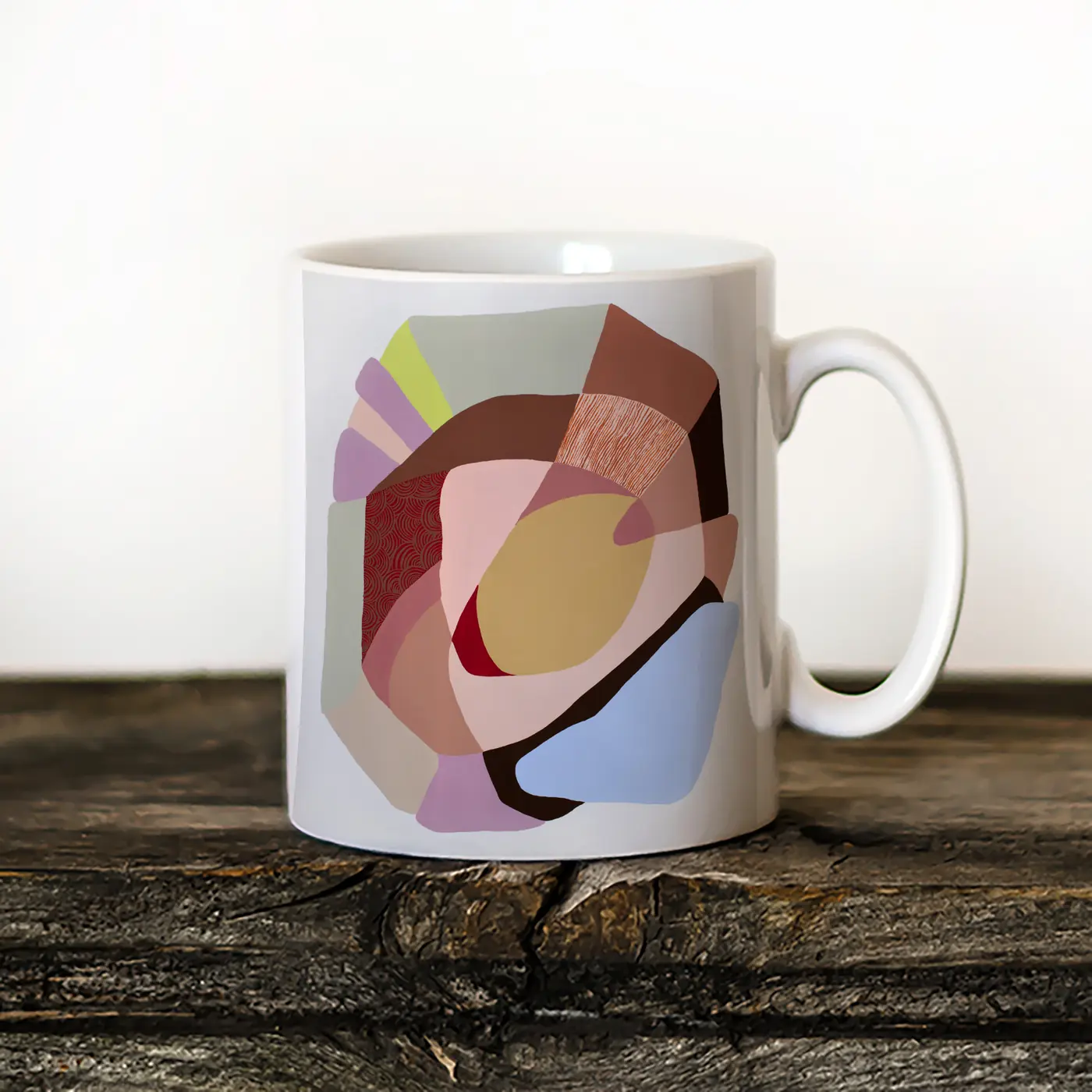 Ceramic mug with a watercolour abstract geometry in brown print