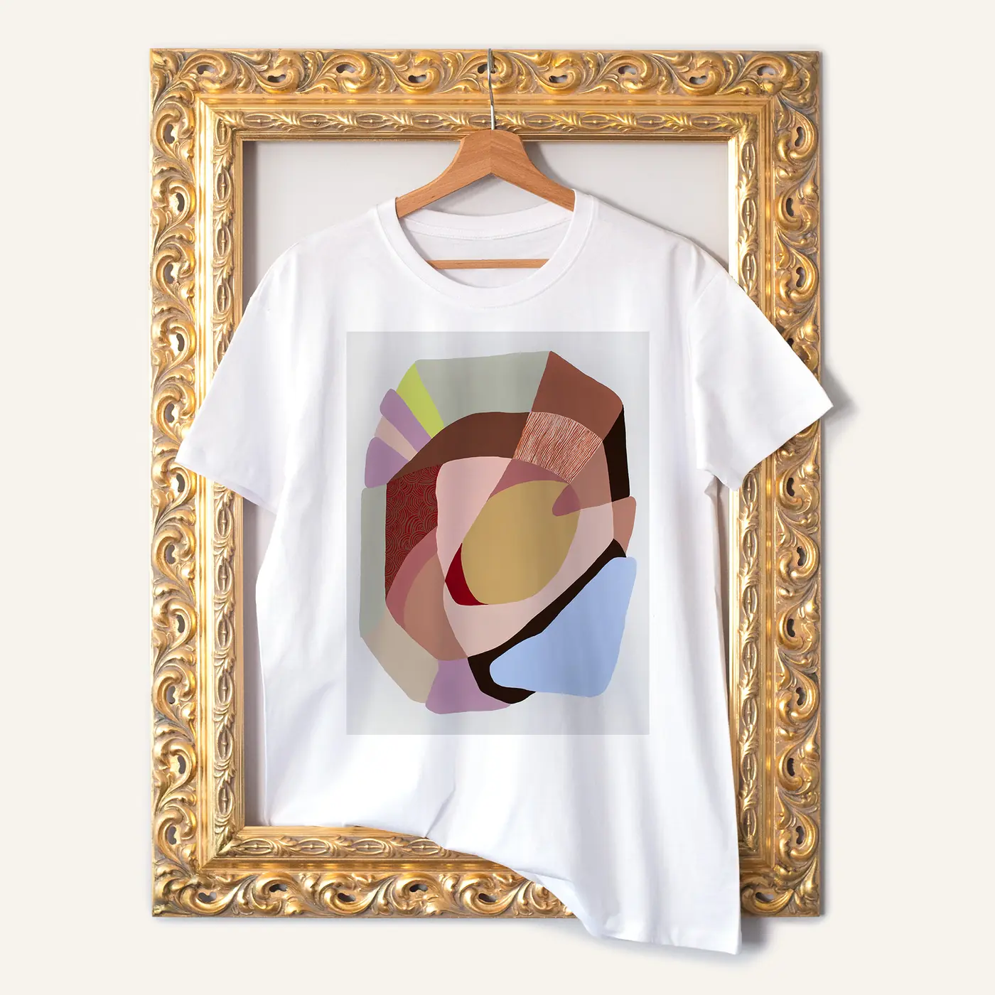 White t-shirt with a watercolour abstract geometry in brown print