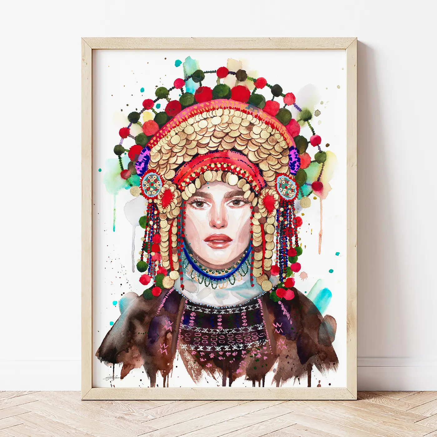 Картина с акварелна щампа на българска носия