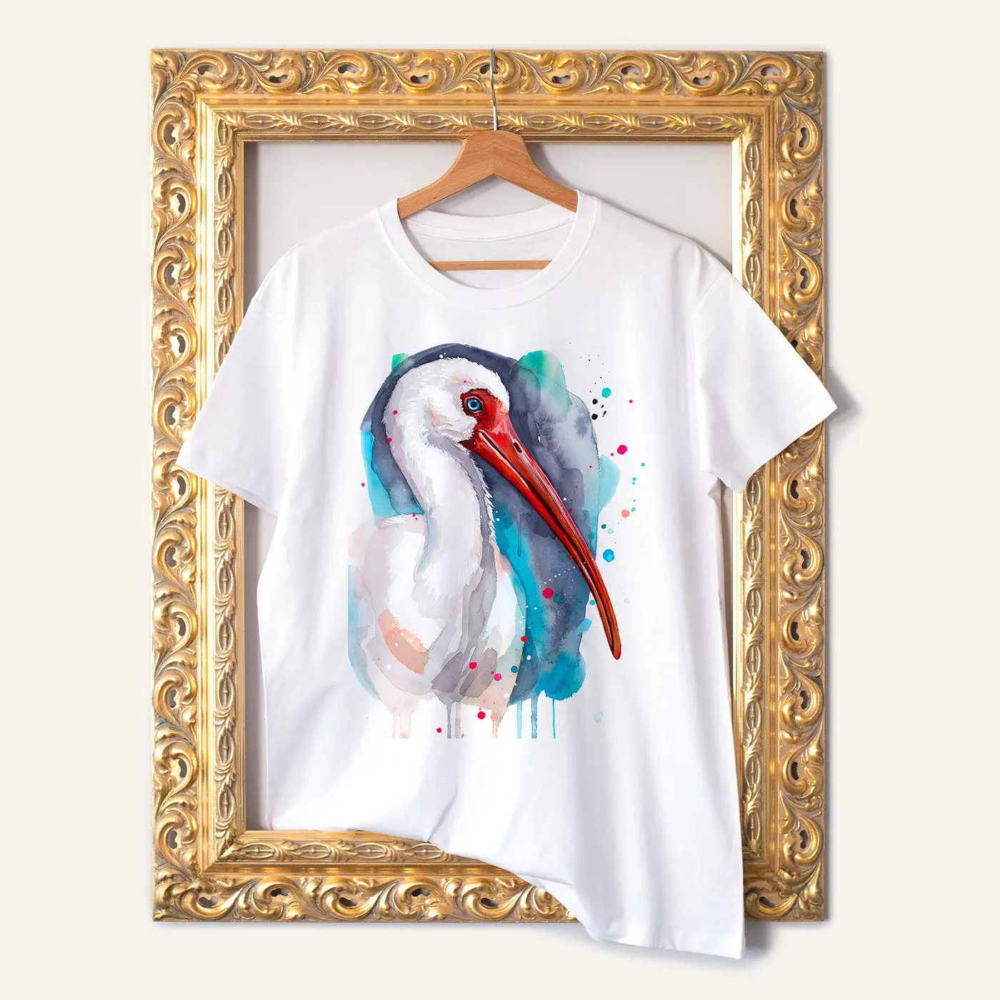 White t-shirt with a watercolour white ibis print