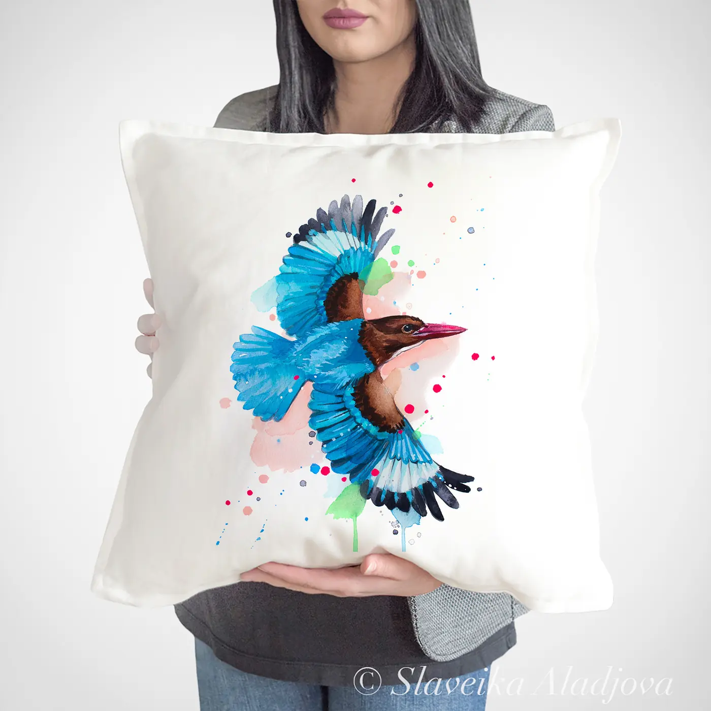 Cushion with a watercolour kingfisher in flight print