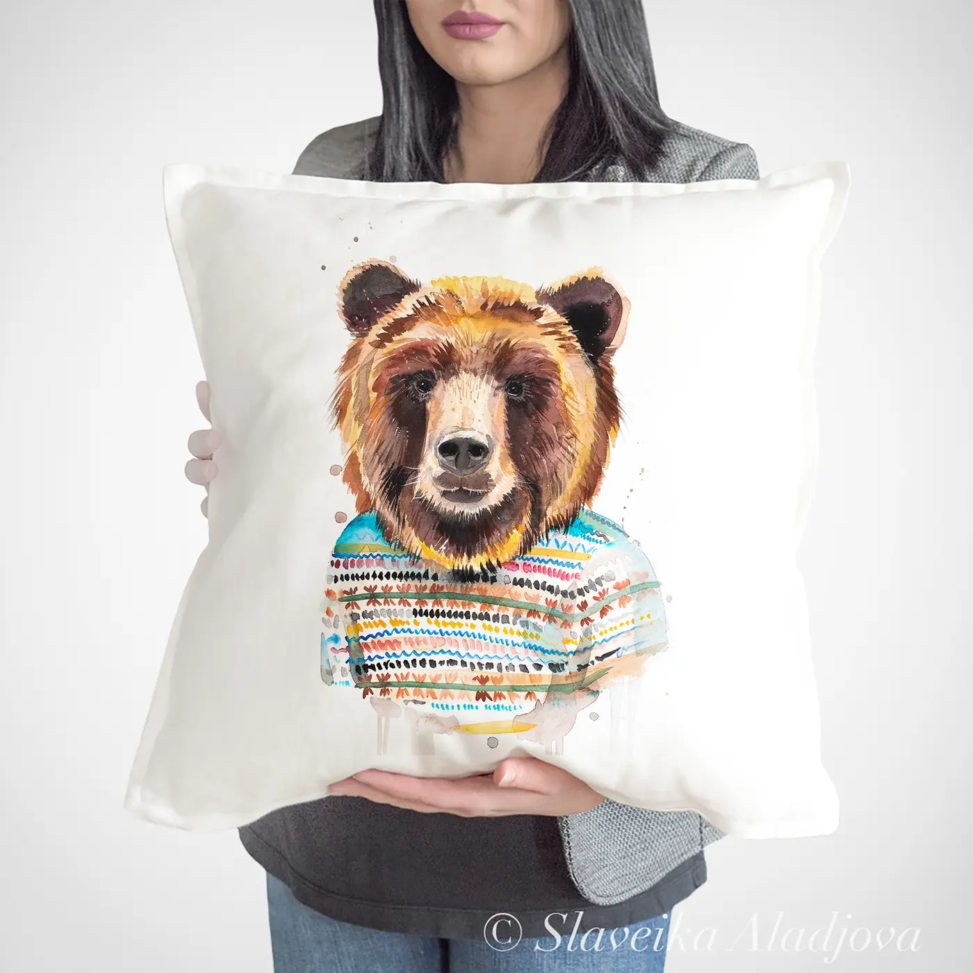 Cushion with a watercolour bear in a sweater print