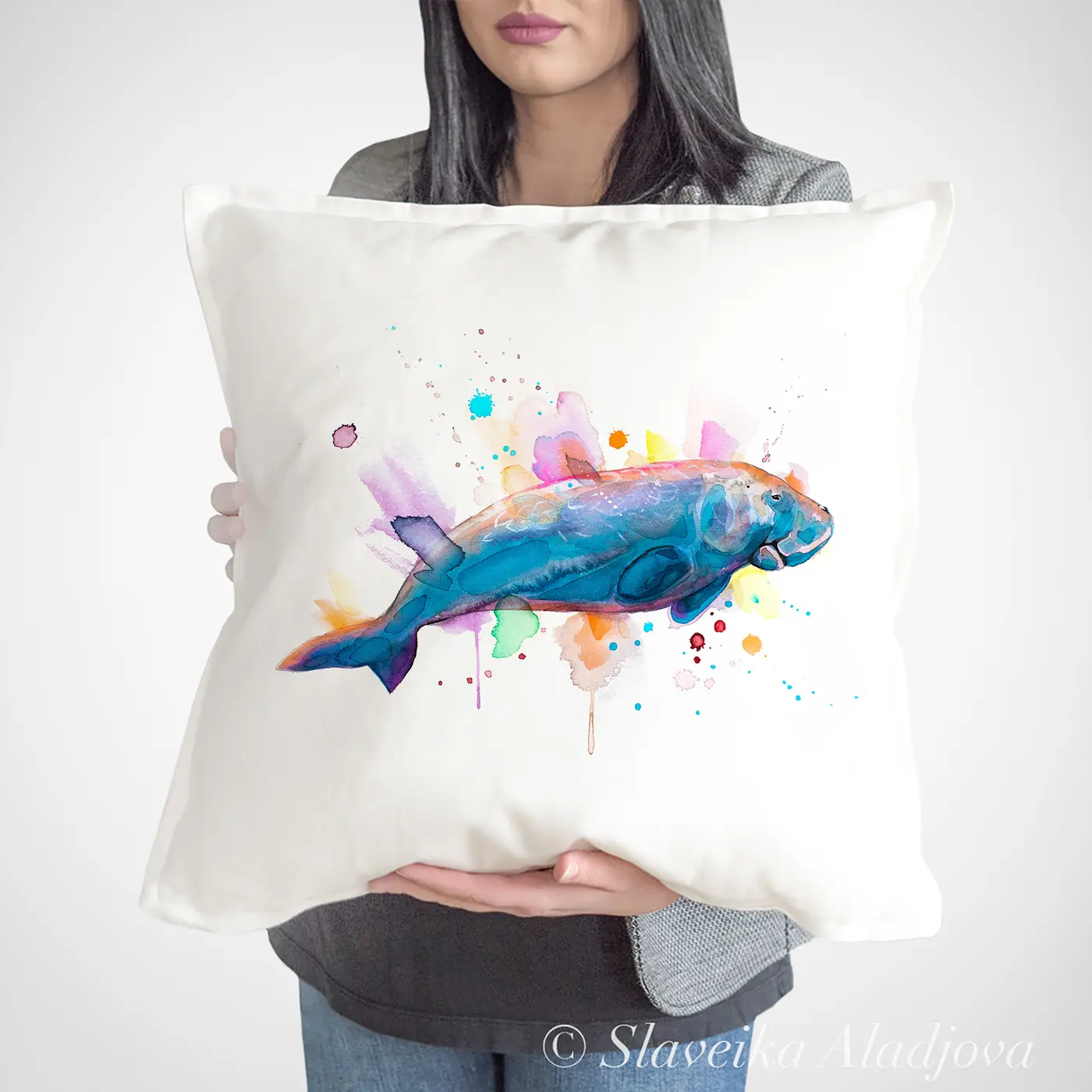 Cushion with a watercolour dugong print