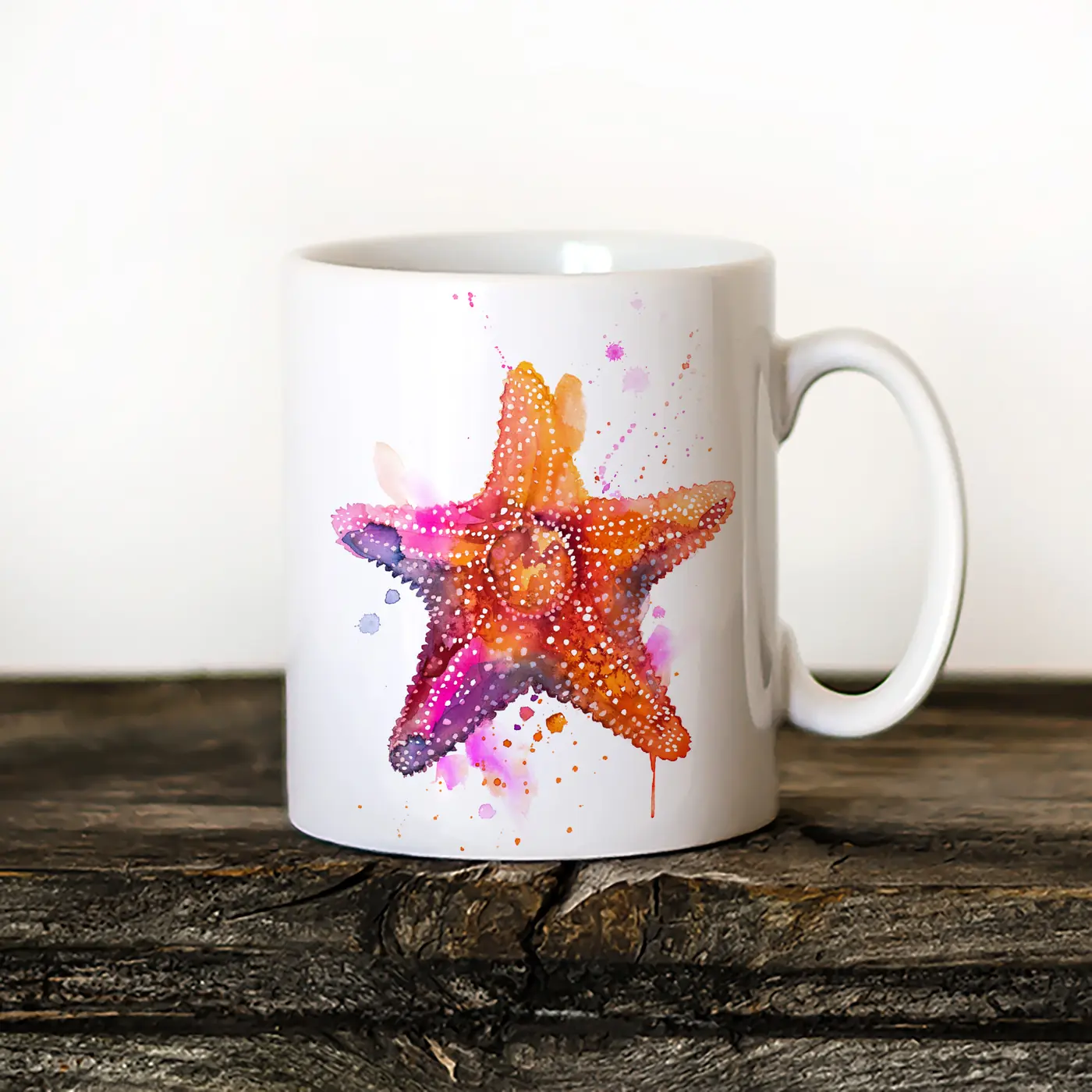 Ceramic mug with a watercolour starfish print