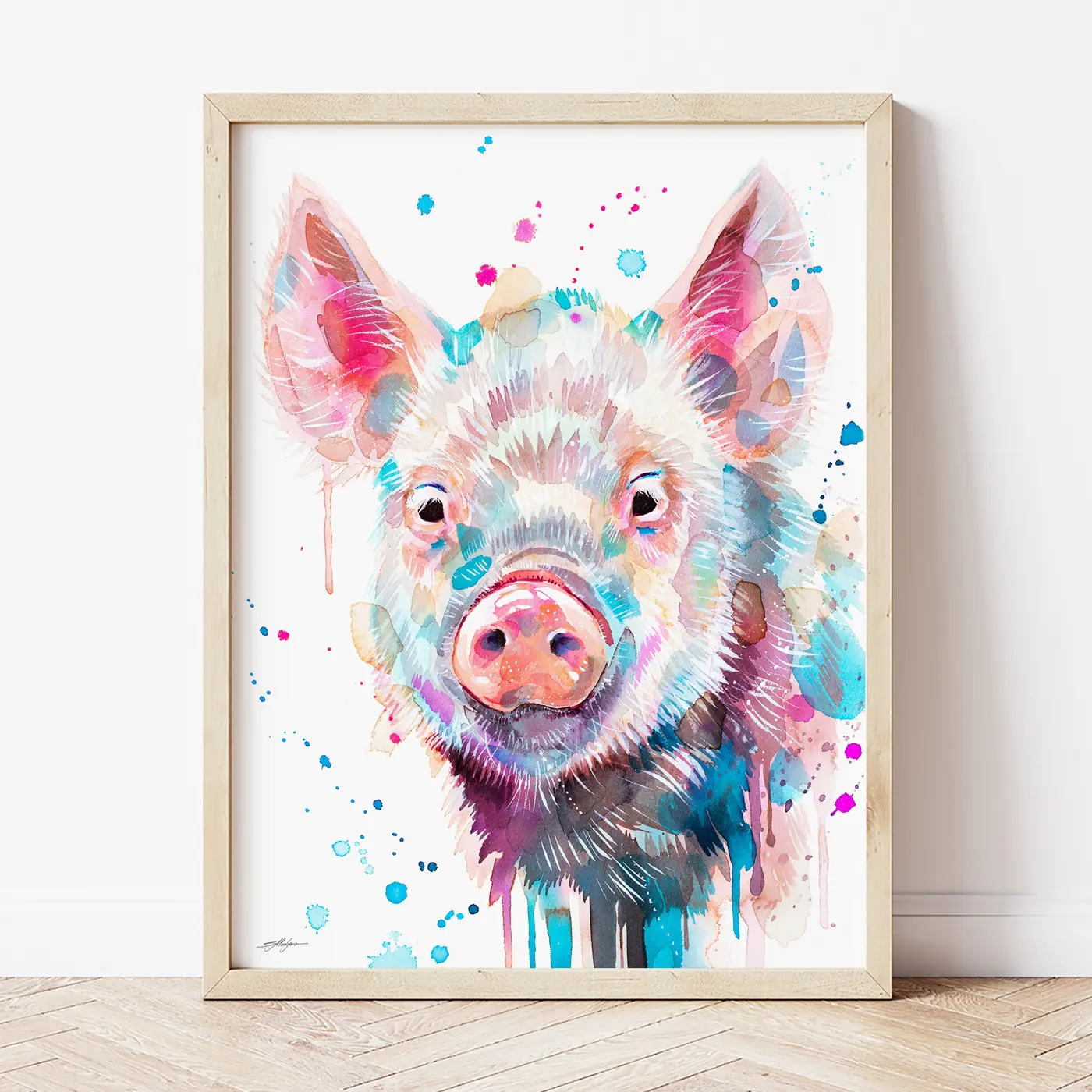 Art print with a watercolour pink pig print
