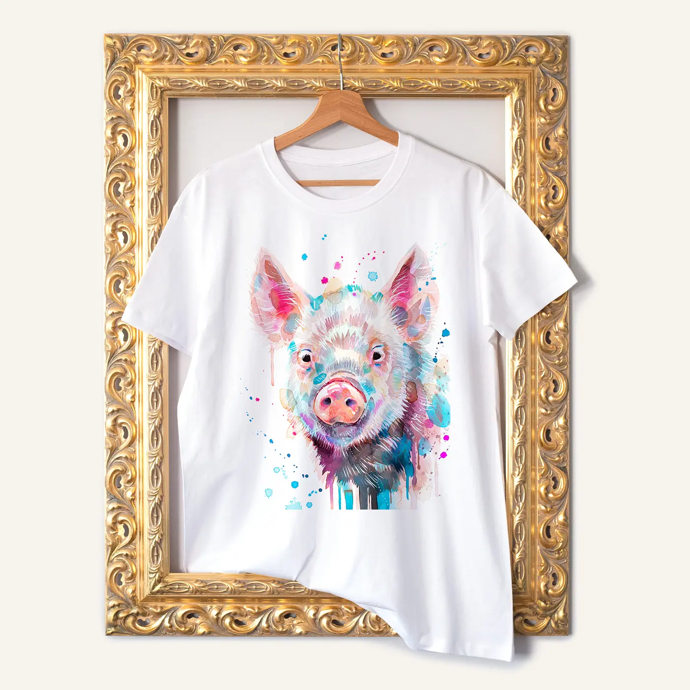 White t-shirt with a watercolour pink pig print