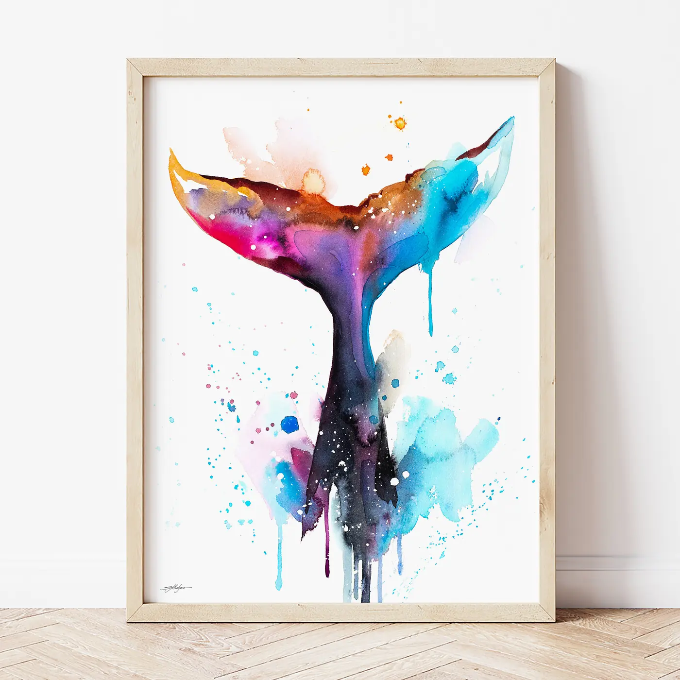 Art print with a watercolour whale tail print