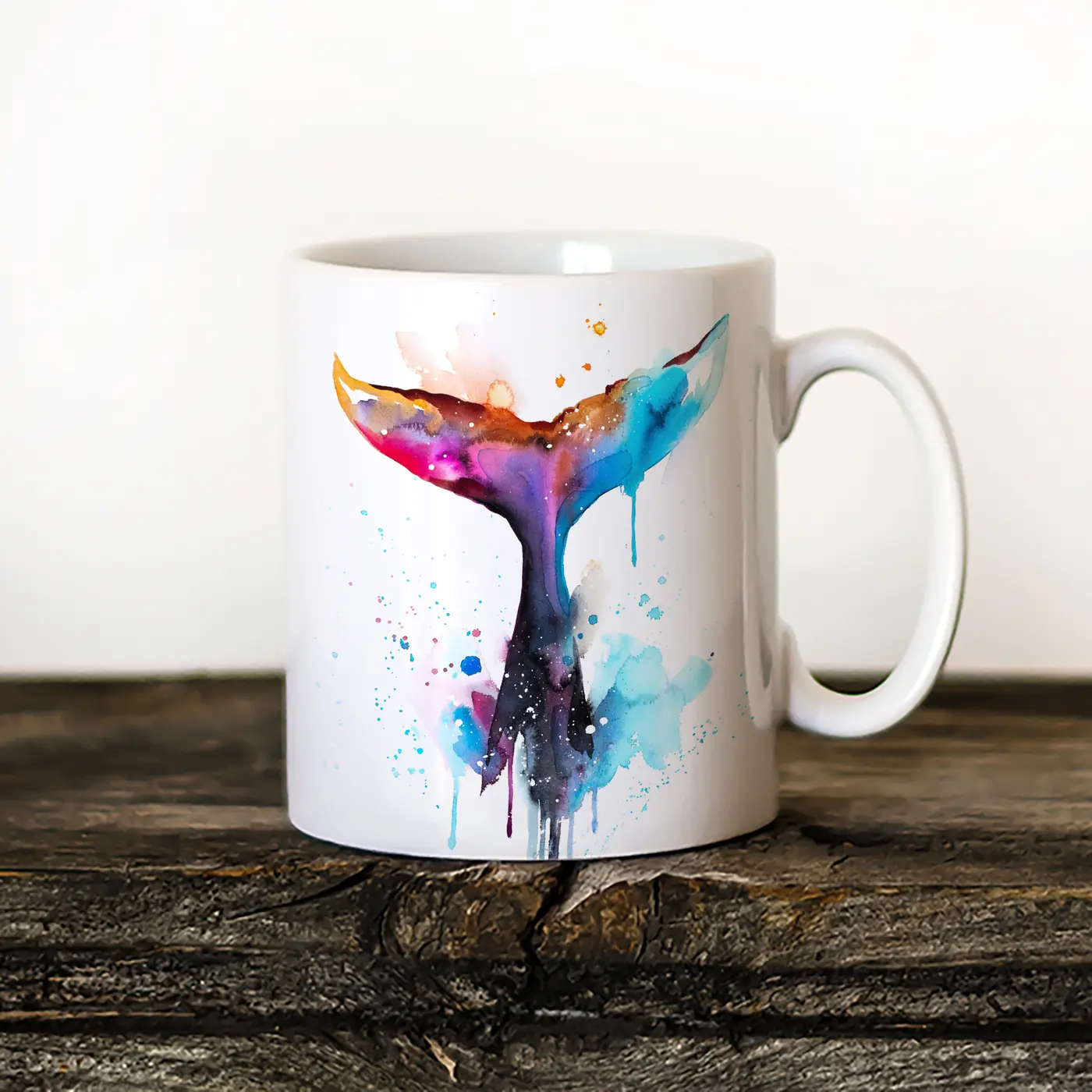 Ceramic mug with a watercolour whale tail print