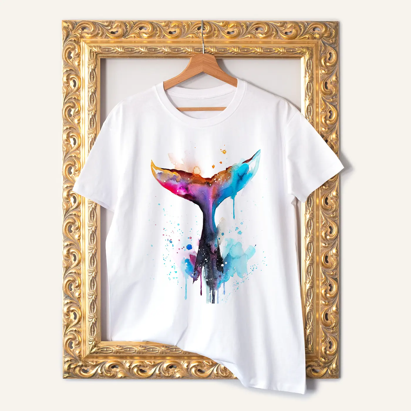 White t-shirt with a watercolour whale tail print