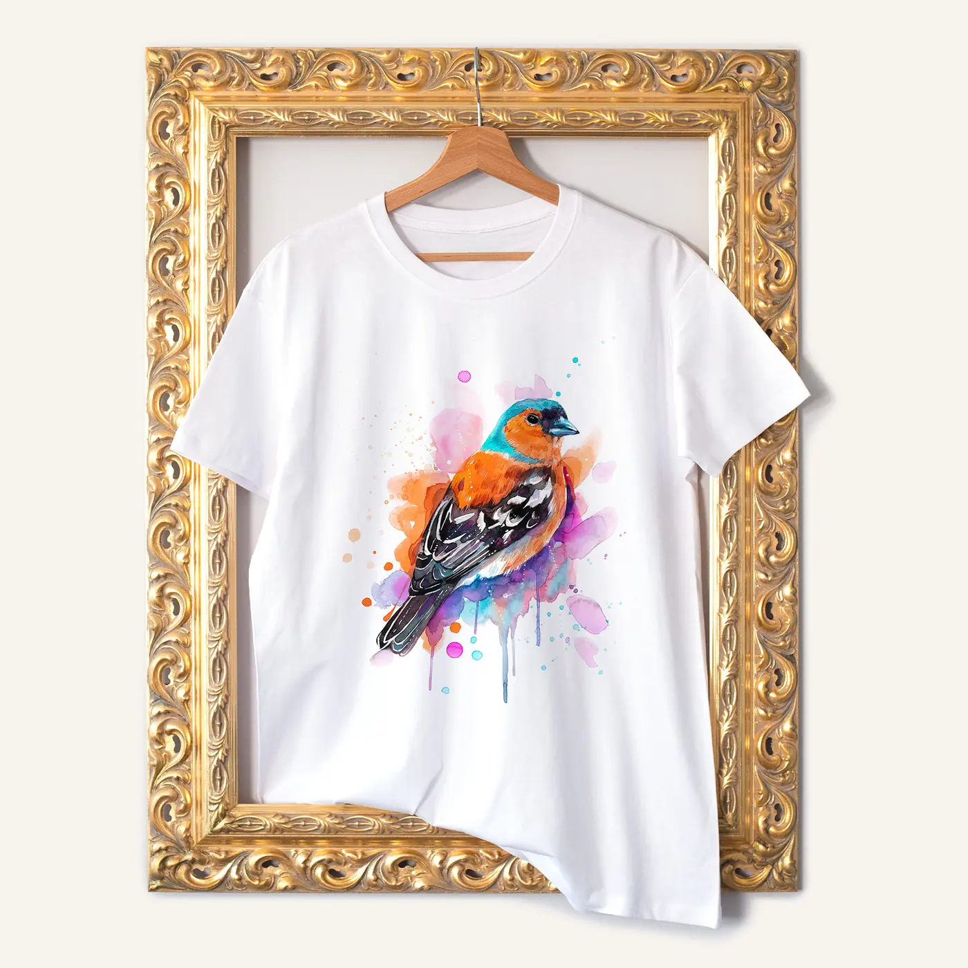White t-shirt with a watercolour common chaffinch print
