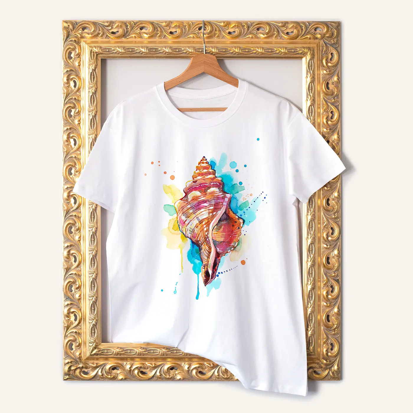 White t-shirt with a watercolour seashell print