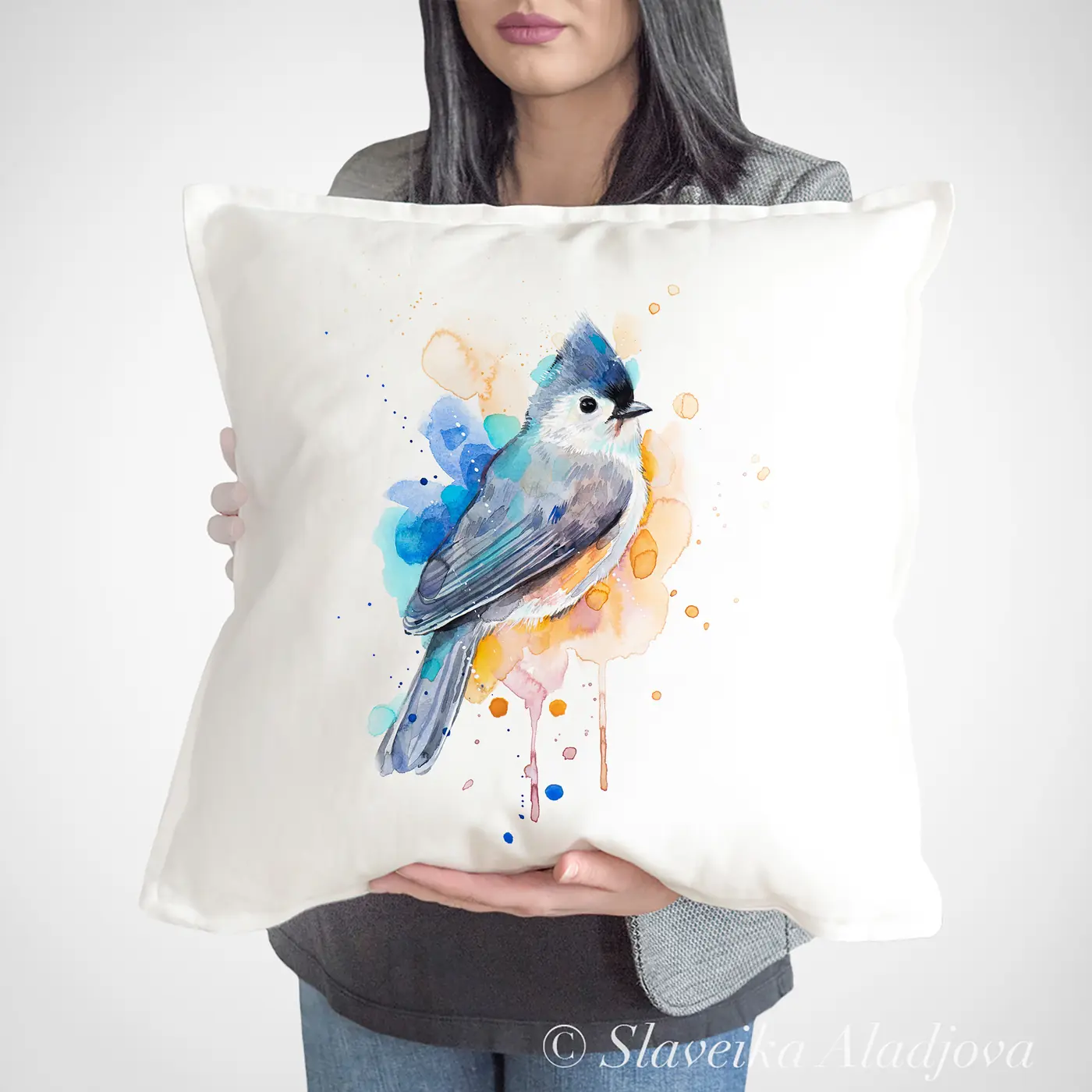 Cushion with a watercolour tufted titmouse print