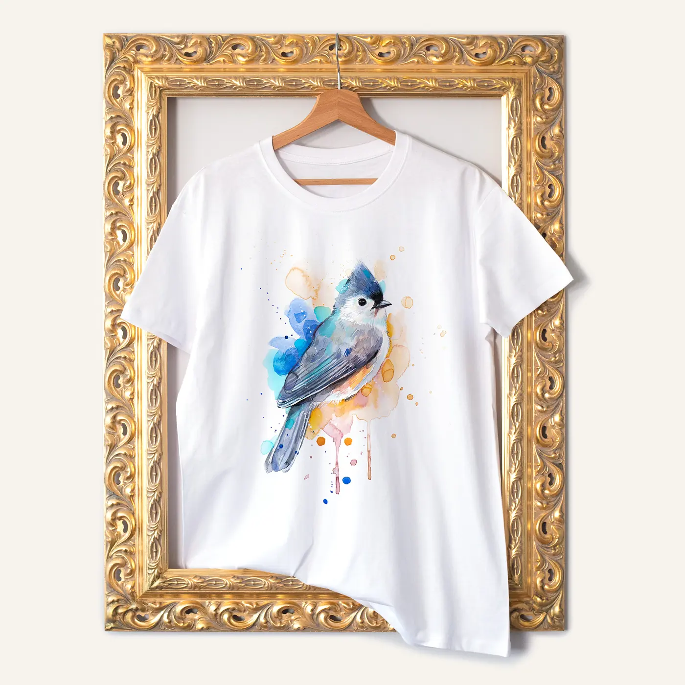White t-shirt with a watercolour tufted titmouse print