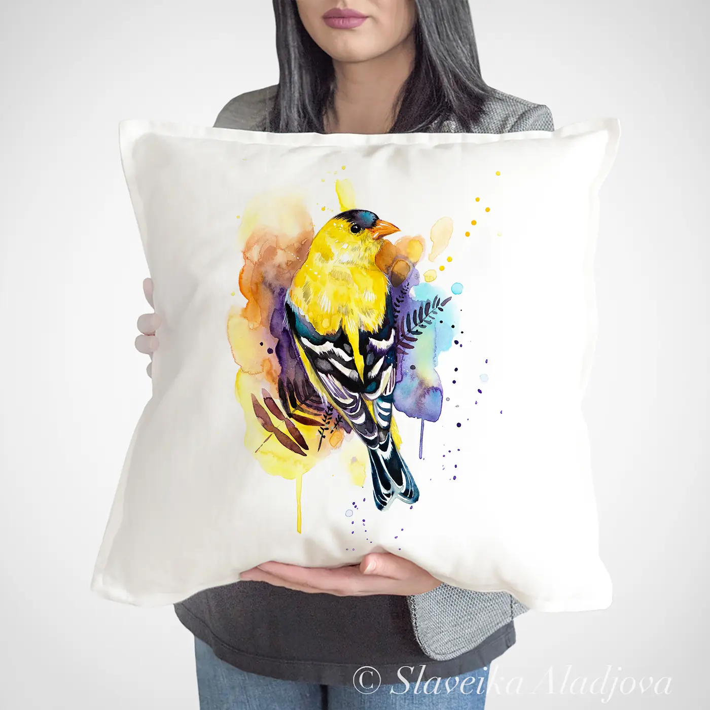 Cushion with a watercolour american goldfinch print