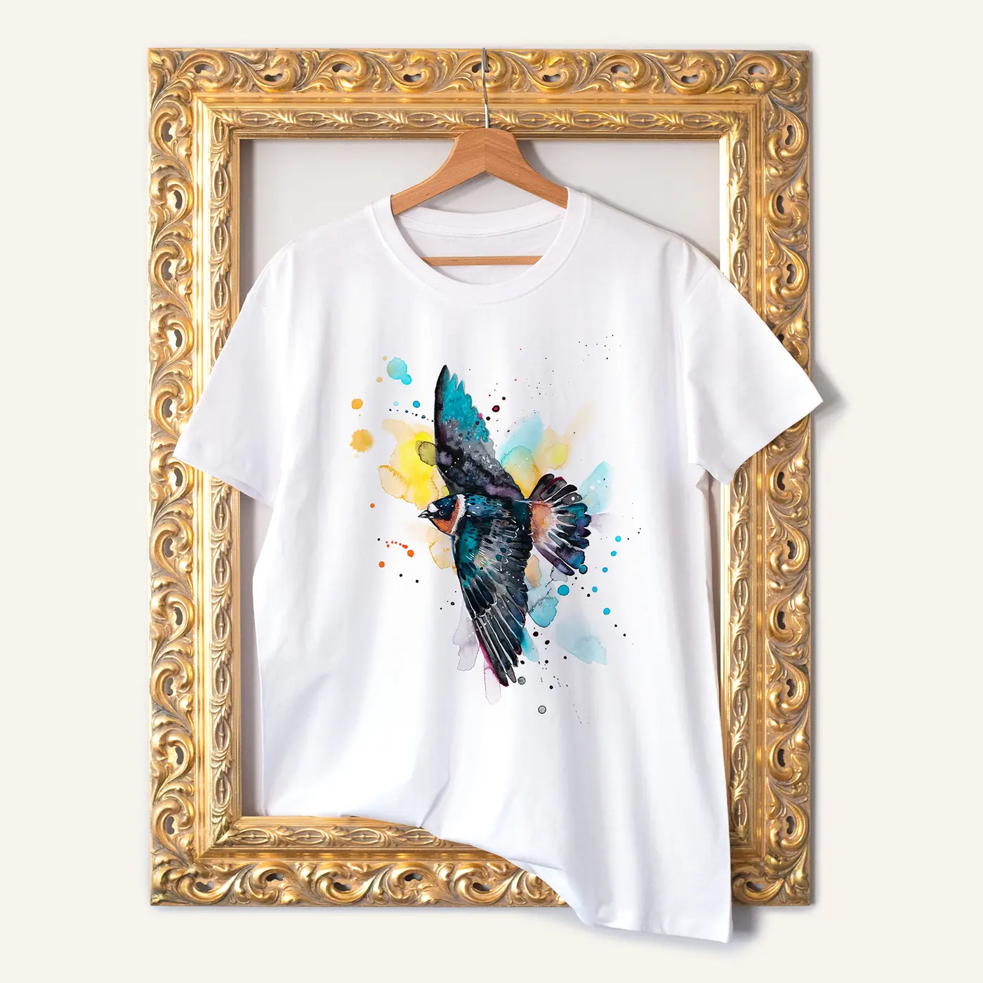 White t-shirt with a watercolour cliff swallow print