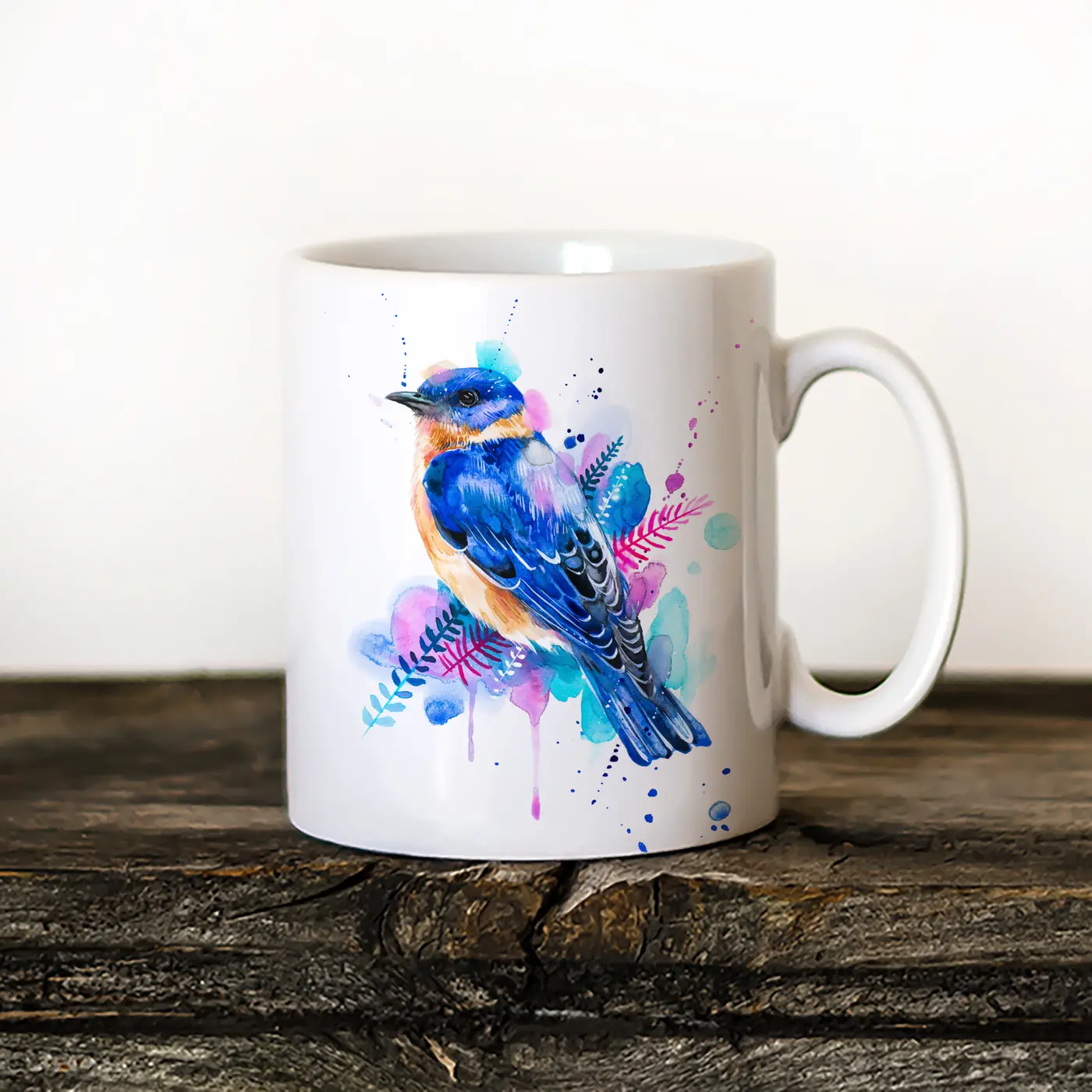 Ceramic mug with a watercolour bluebird print