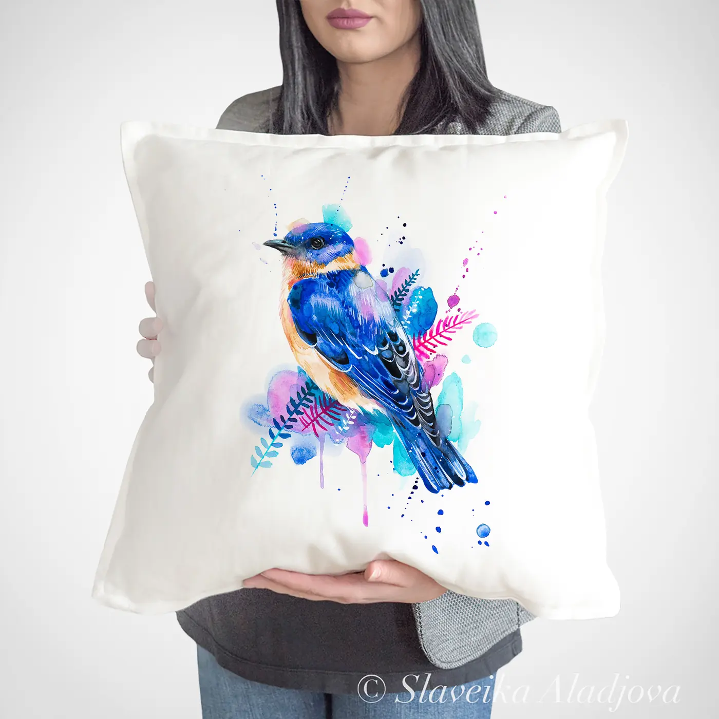 Cushion with a watercolour bluebird print