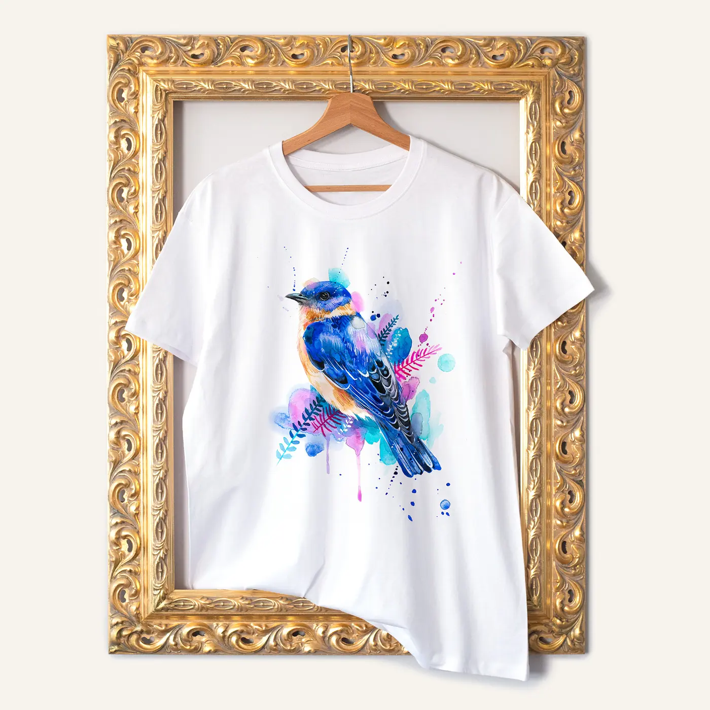 White t-shirt with a watercolour bluebird print