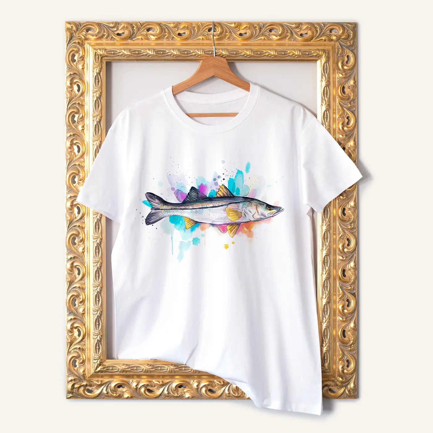 White t-shirt with a watercolour common snook print