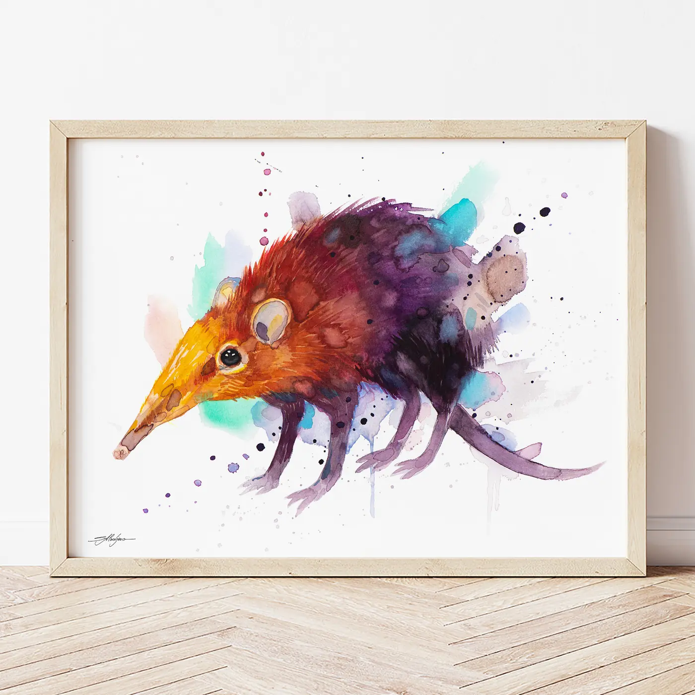 Art print with a watercolour elephant shrew print